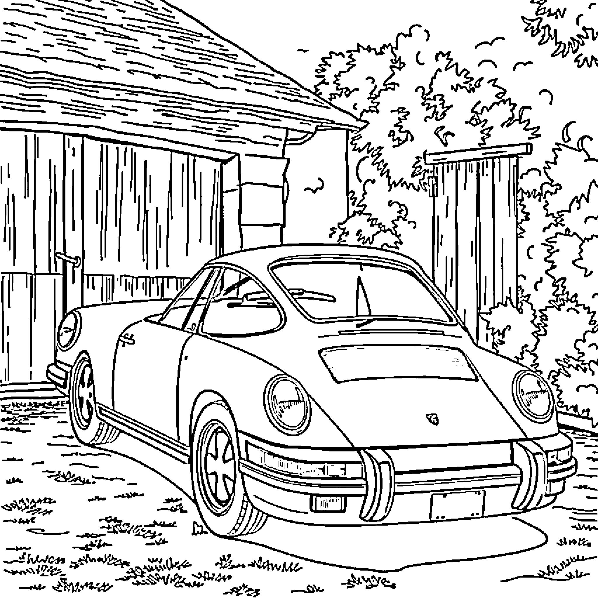 Porsche sports car parked by the barn Coloring Page (free black-and-white line drawing printable PDF for all, from beginners to advanced learners, including children, teens, adults, and seniors)