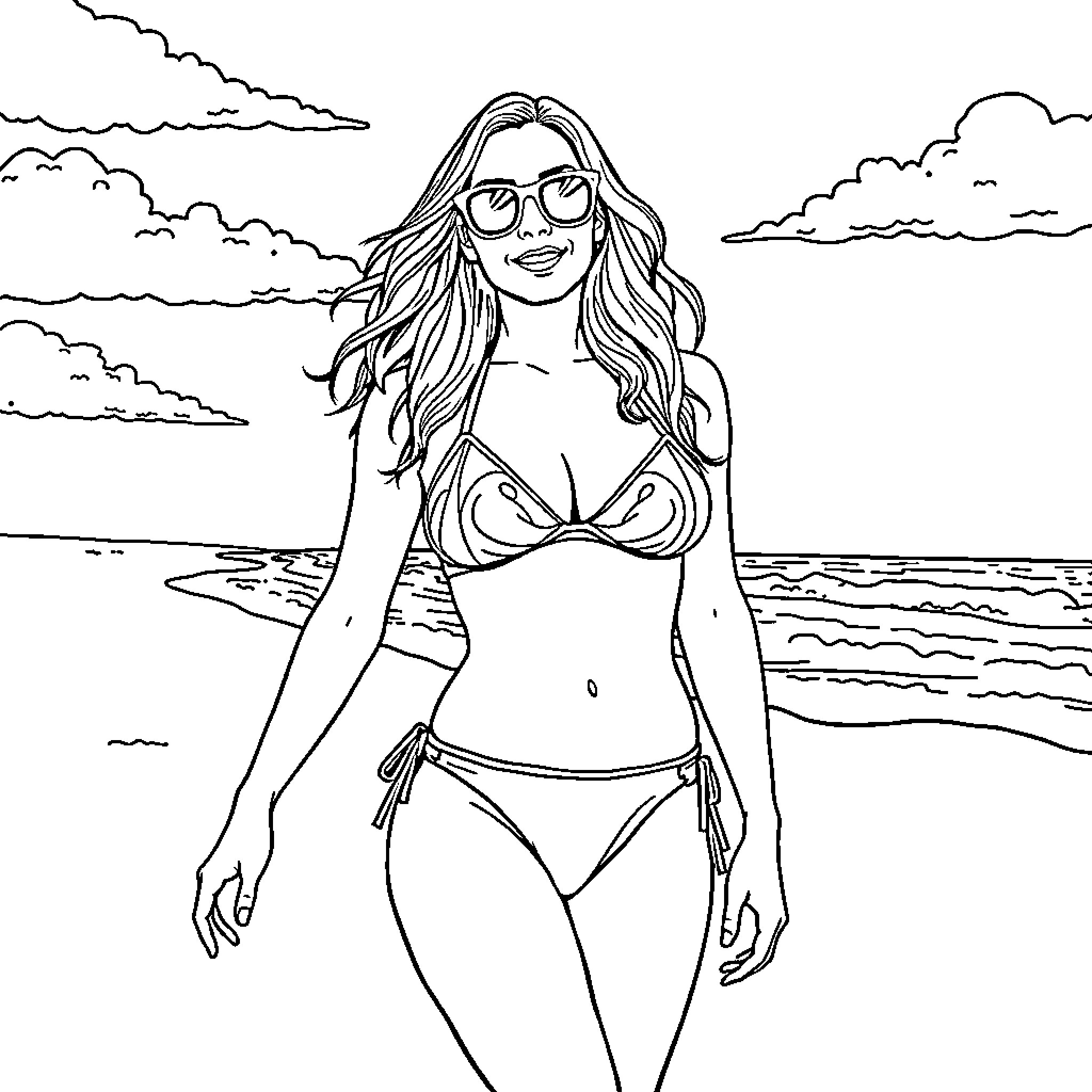 Nikki Glaser enjoying a sunny day at the beach Coloring Page (free black-and-white line drawing printable PDF for all, from beginners to advanced learners, including children, teens, adults, and seniors)