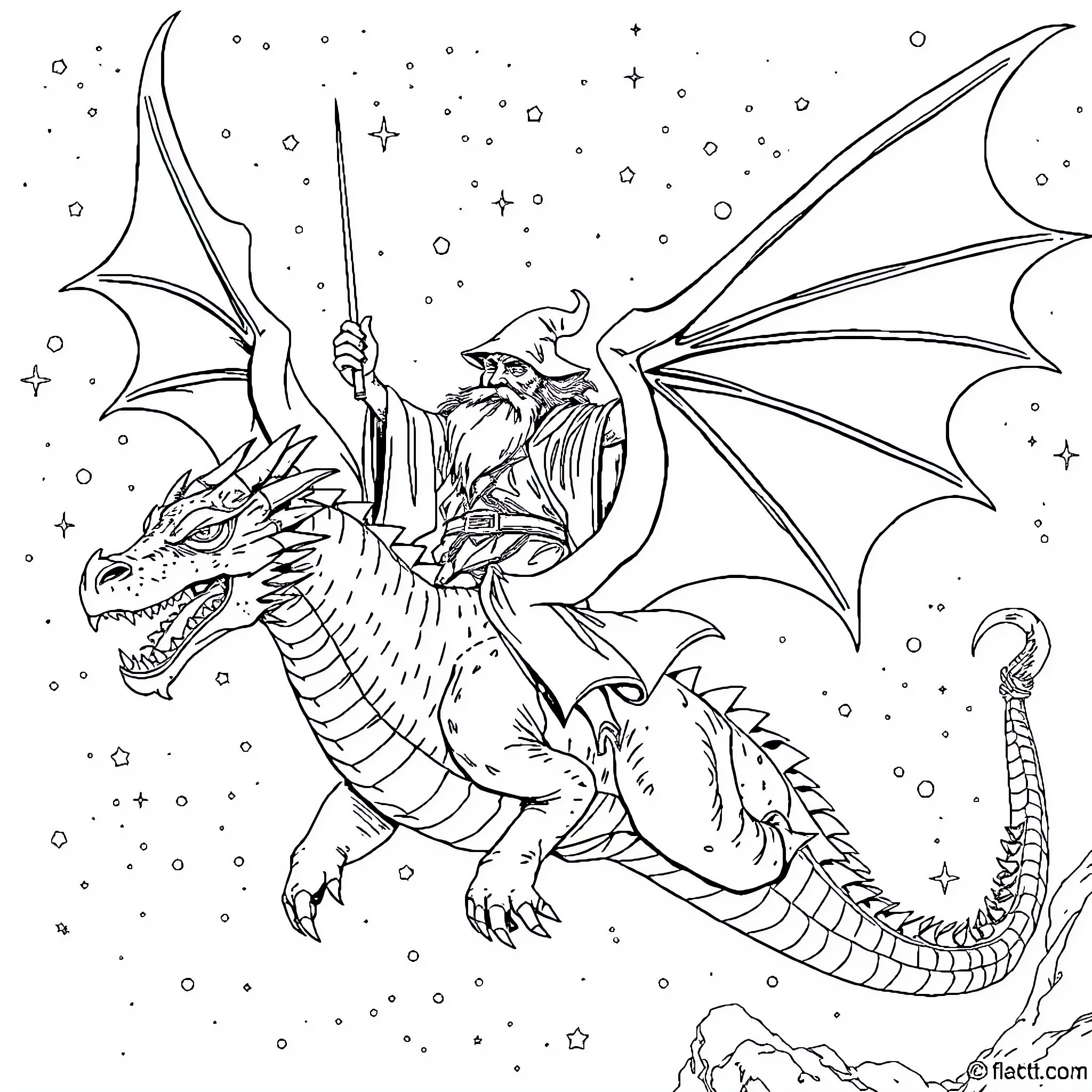 Wizard riding a majestic dragon through starry skies Coloring Page (free black-and-white line drawing printable PDF for all, from beginners to advanced learners, including children, teens, adults, and seniors)