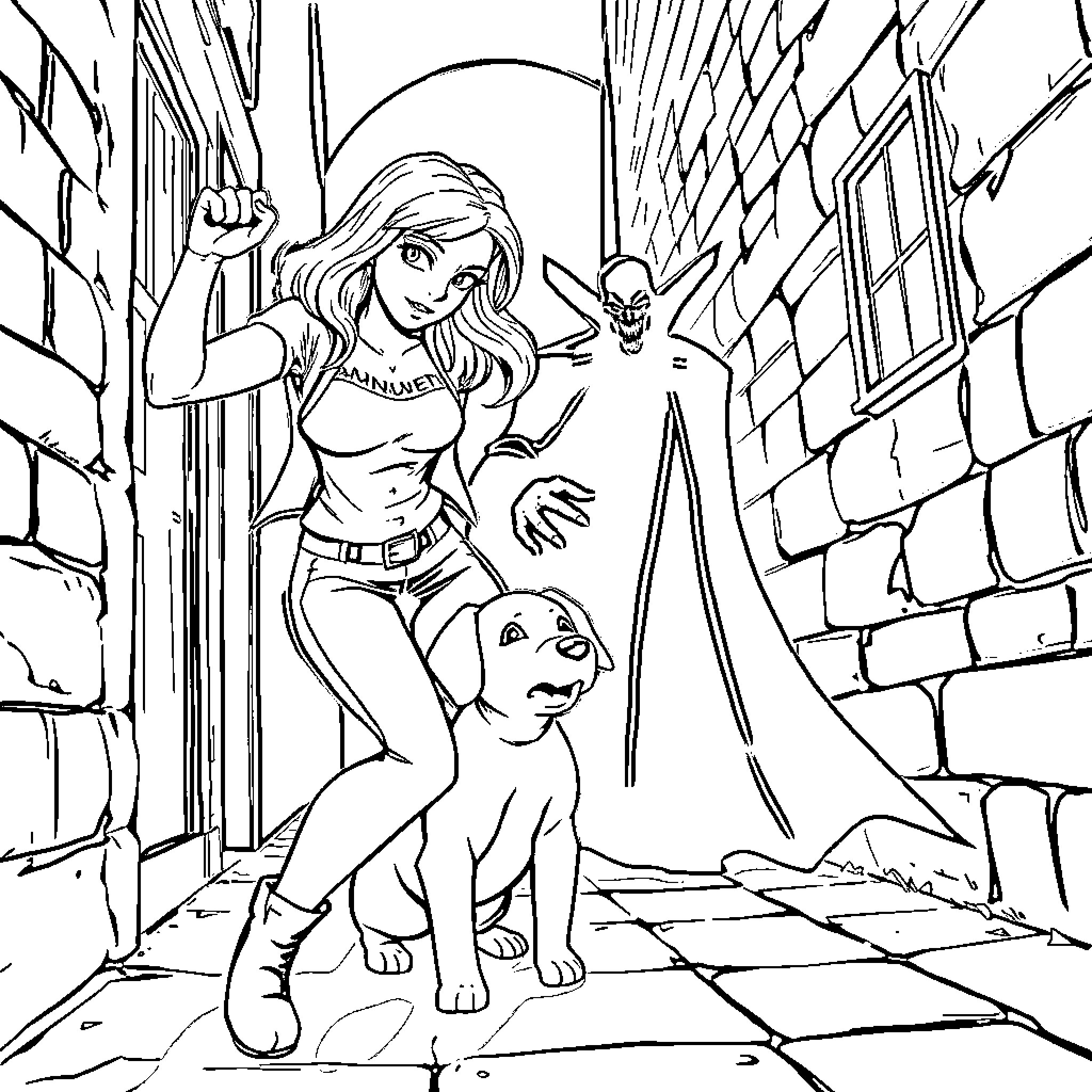 Buffy's Brave Encounter with Supernatural Forces Coloring Page (free black-and-white line drawing printable PDF for all, from beginners to advanced learners, including children, teens, adults, and seniors)