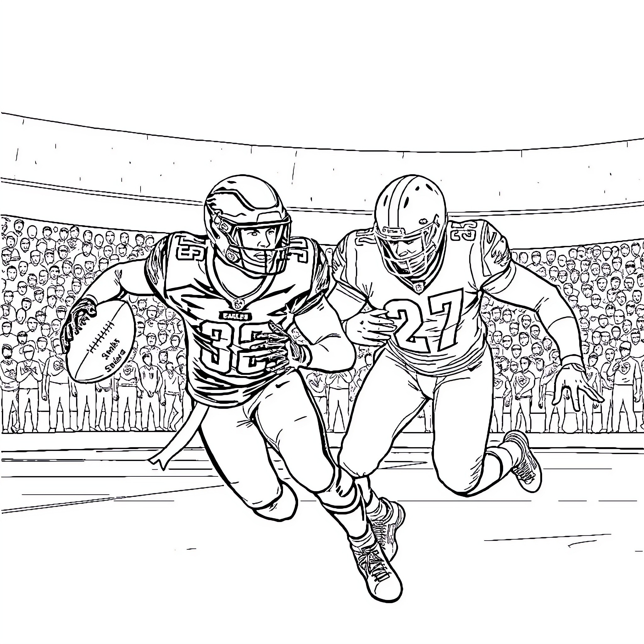 Football players in action on the field Coloring Page (free black-and-white line drawing printable PDF for all, from beginners to advanced learners, including children, teens, adults, and seniors)