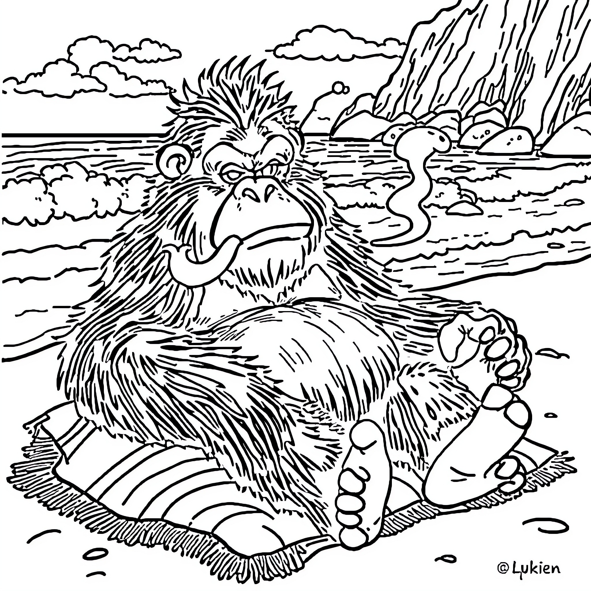 Sasquatch relaxing on the beach Coloring Page (free black-and-white line drawing printable PDF for all, from beginners to advanced learners, including children, teens, adults, and seniors)