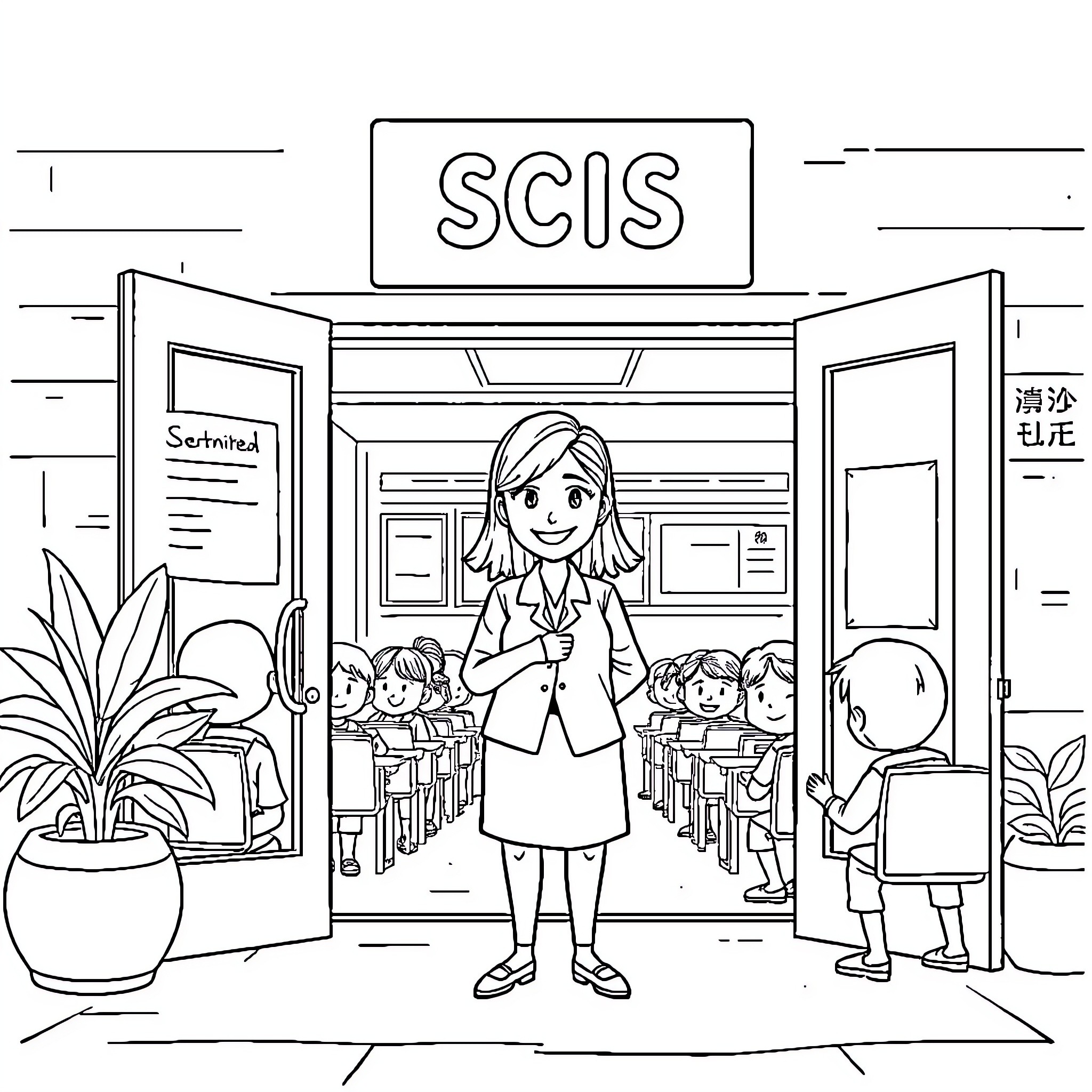 Teacher welcoming students in the classroom Coloring Page (free black-and-white line drawing printable PDF for all, from beginners to advanced learners, including children, teens, adults, and seniors)