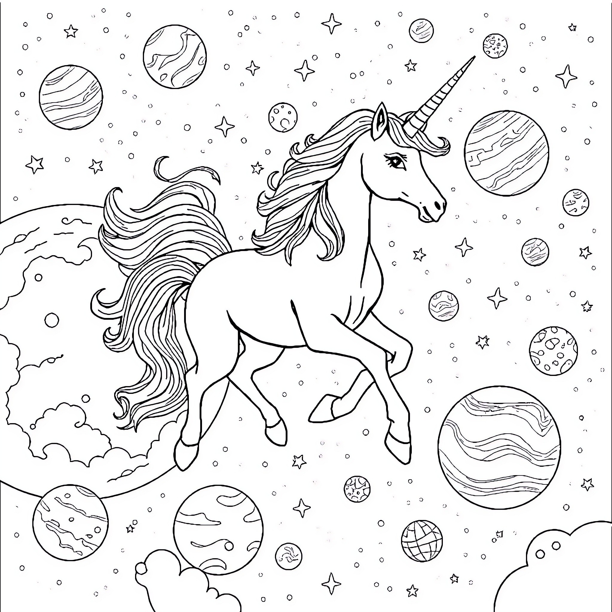 Unicorn Galloping Through Celestial Landscape Coloring Page (free black-and-white line drawing printable PDF for all, from beginners to advanced learners, including children, teens, adults, and seniors)