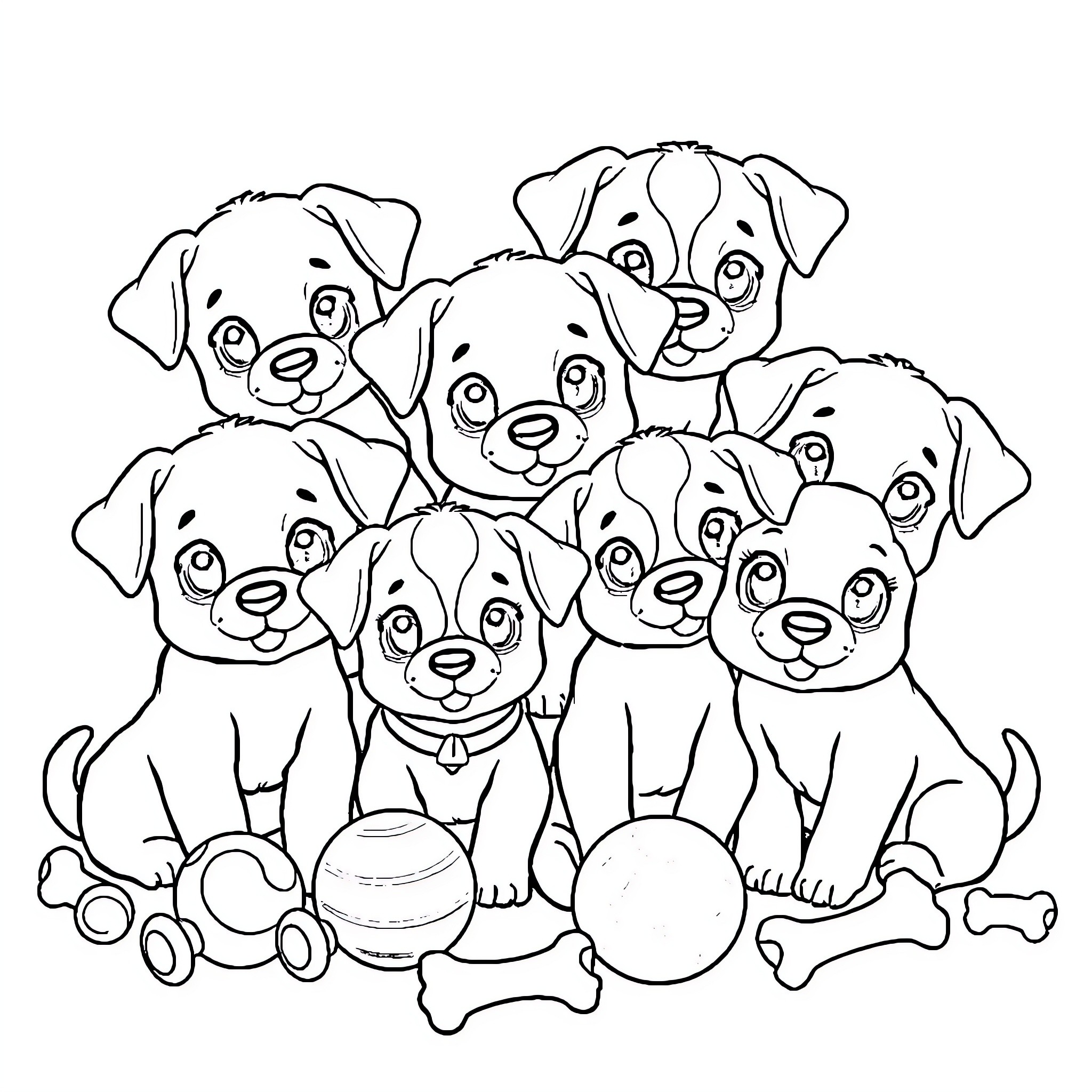 Puppy pals playing with toys together Coloring Page (free black-and-white line drawing printable PDF for all, from beginners to advanced learners, including children, teens, adults, and seniors)