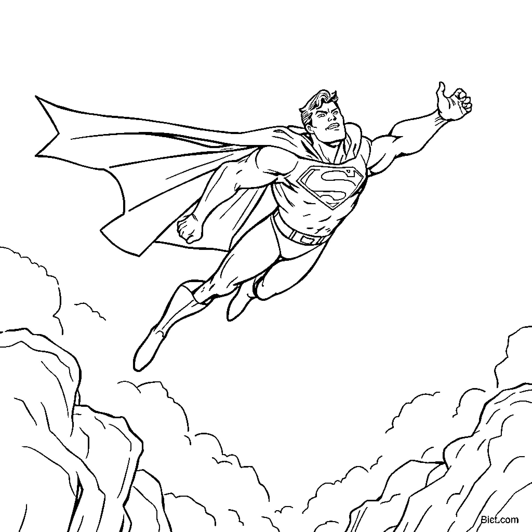 Superman soaring heroically through the skies Coloring Page (free black-and-white line drawing printable PDF for all, from beginners to advanced learners, including children, teens, adults, and seniors)