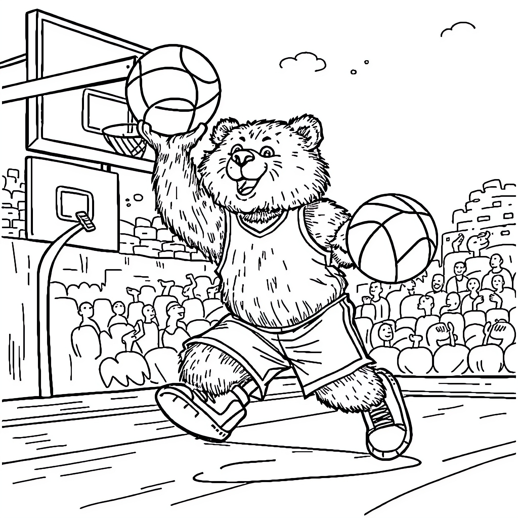Bear playing basketball with excitement Coloring Page (free black-and-white line drawing printable PDF for all, from beginners to advanced learners, including children, teens, adults, and seniors)