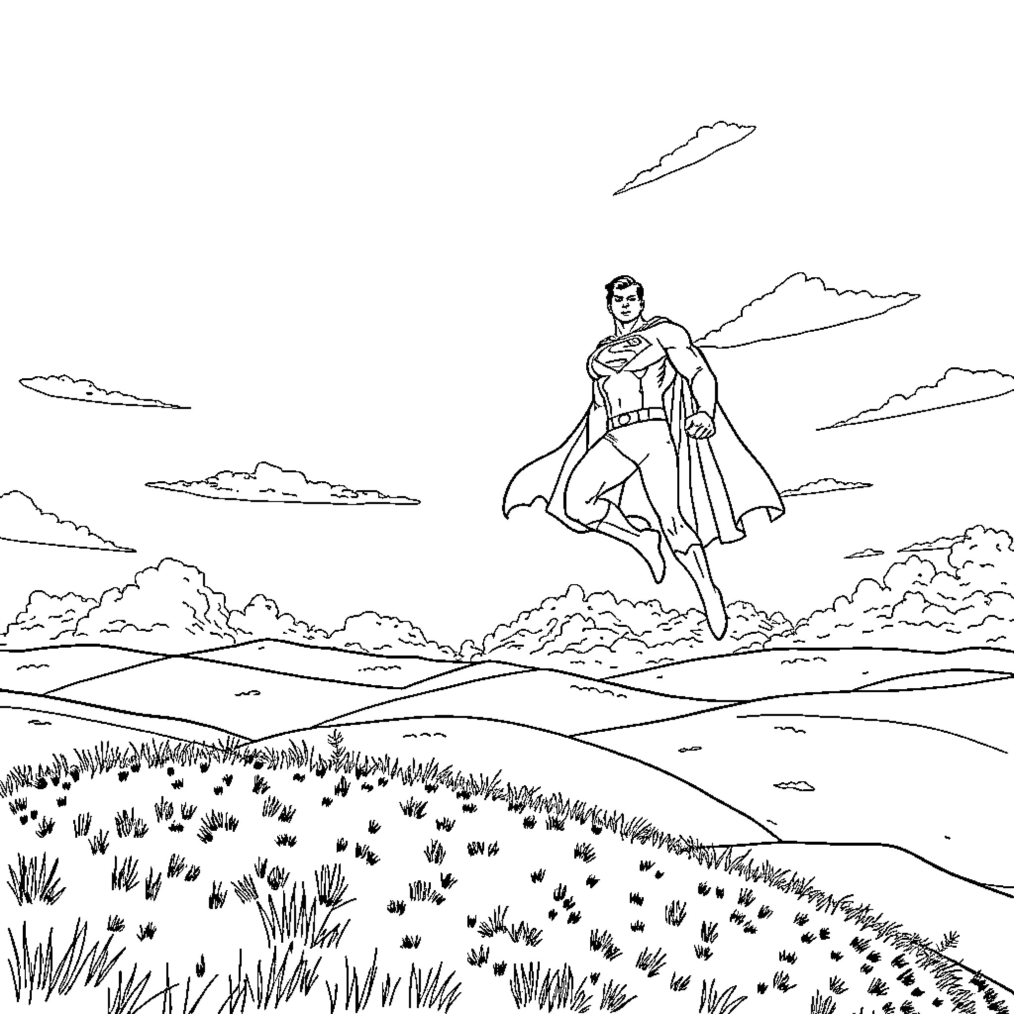 Superman soaring in heroic pose over rural landscape Coloring Page (free black-and-white line drawing printable PDF for all, from beginners to advanced learners, including children, teens, adults, and seniors)