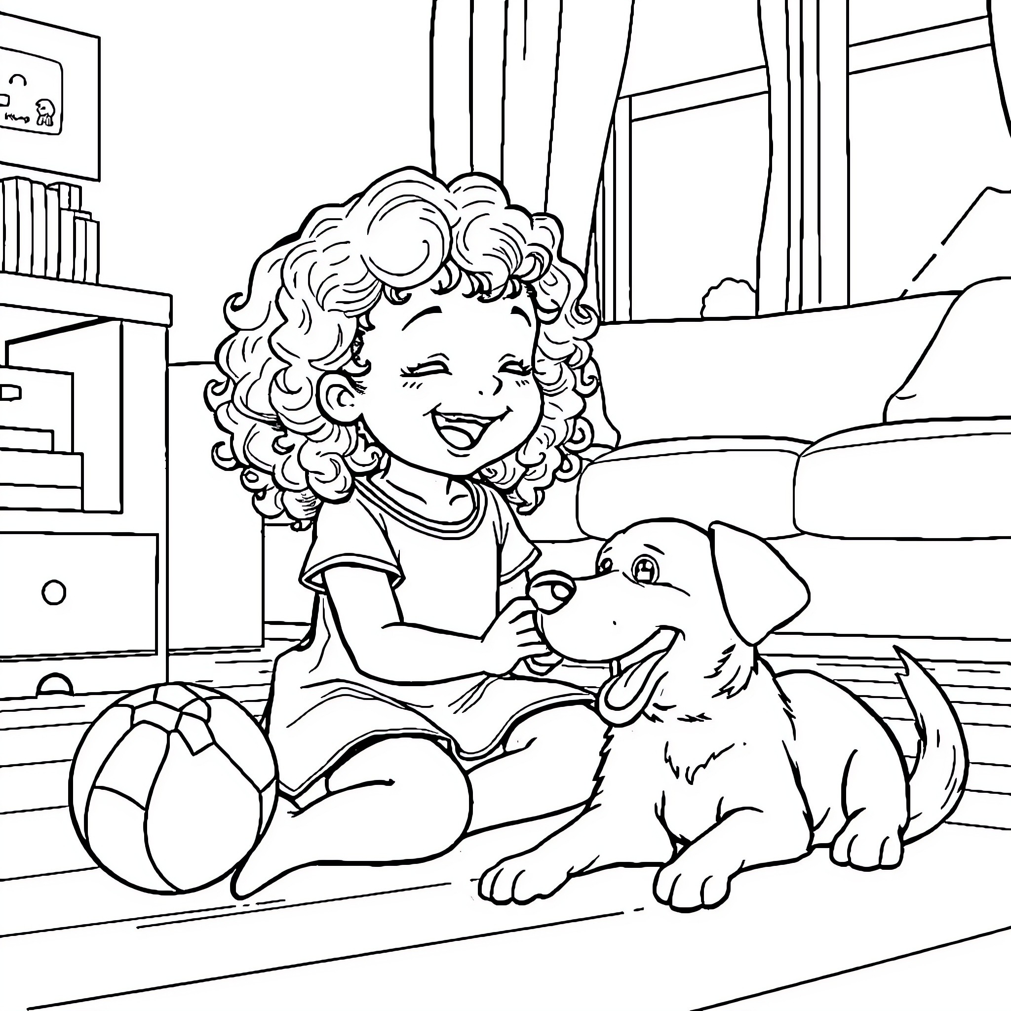 Girl playing happily with pet dog in room Coloring Page (free black-and-white line drawing printable PDF for all, from beginners to advanced learners, including children, teens, adults, and seniors)
