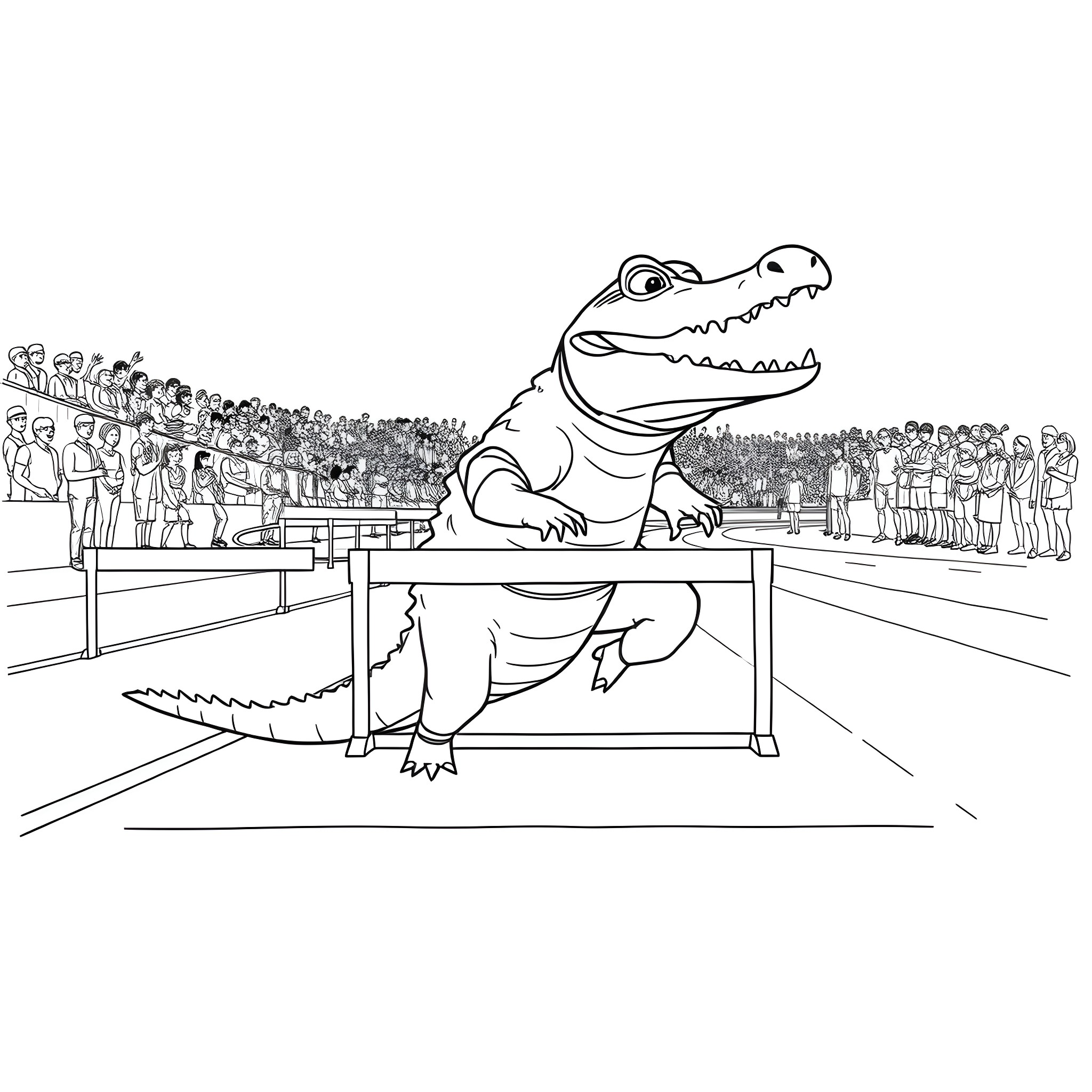 Alligator performing at a sports event Coloring Page (free black-and-white line drawing printable PDF for all, from beginners to advanced learners, including children, teens, adults, and seniors)