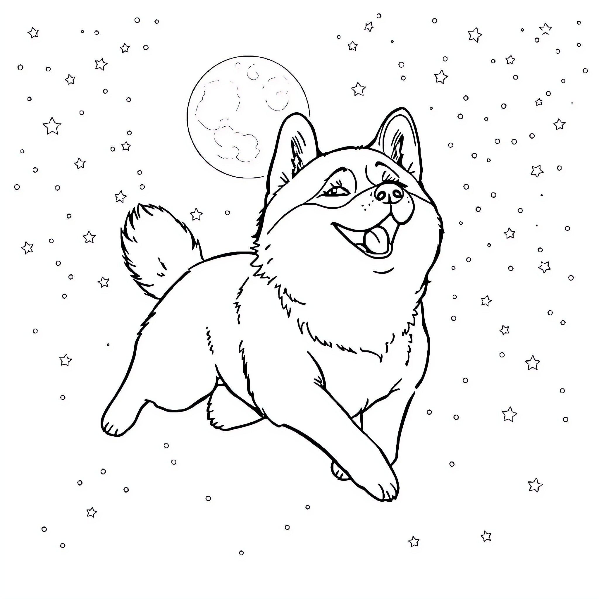 Doge under the Starry Night Sky Coloring Page (free black-and-white line drawing printable PDF for all, from beginners to advanced learners, including children, teens, adults, and seniors)