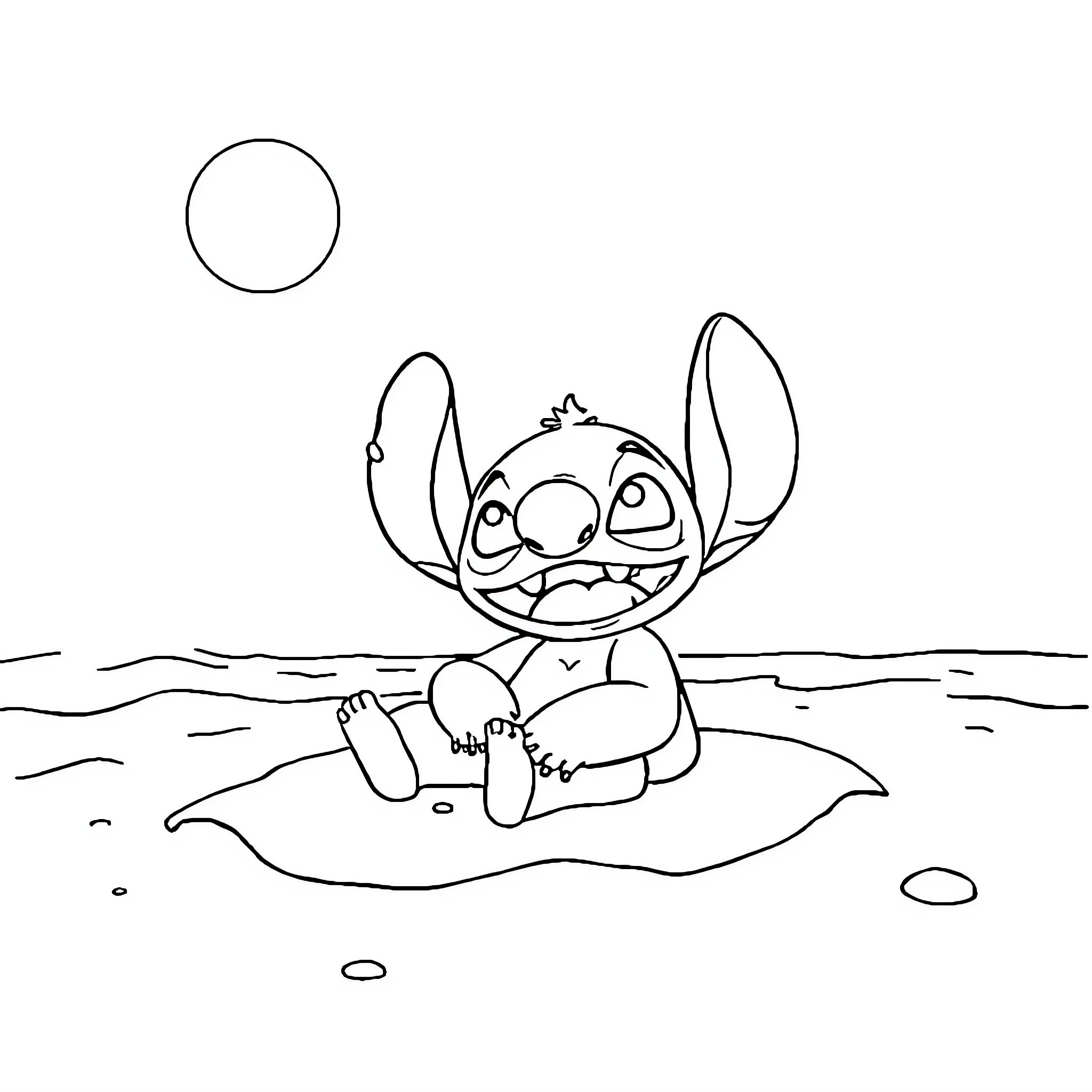 Stitch relaxing on the beach Coloring Page (free black-and-white line drawing printable PDF for all, from beginners to advanced learners, including children, teens, adults, and seniors)