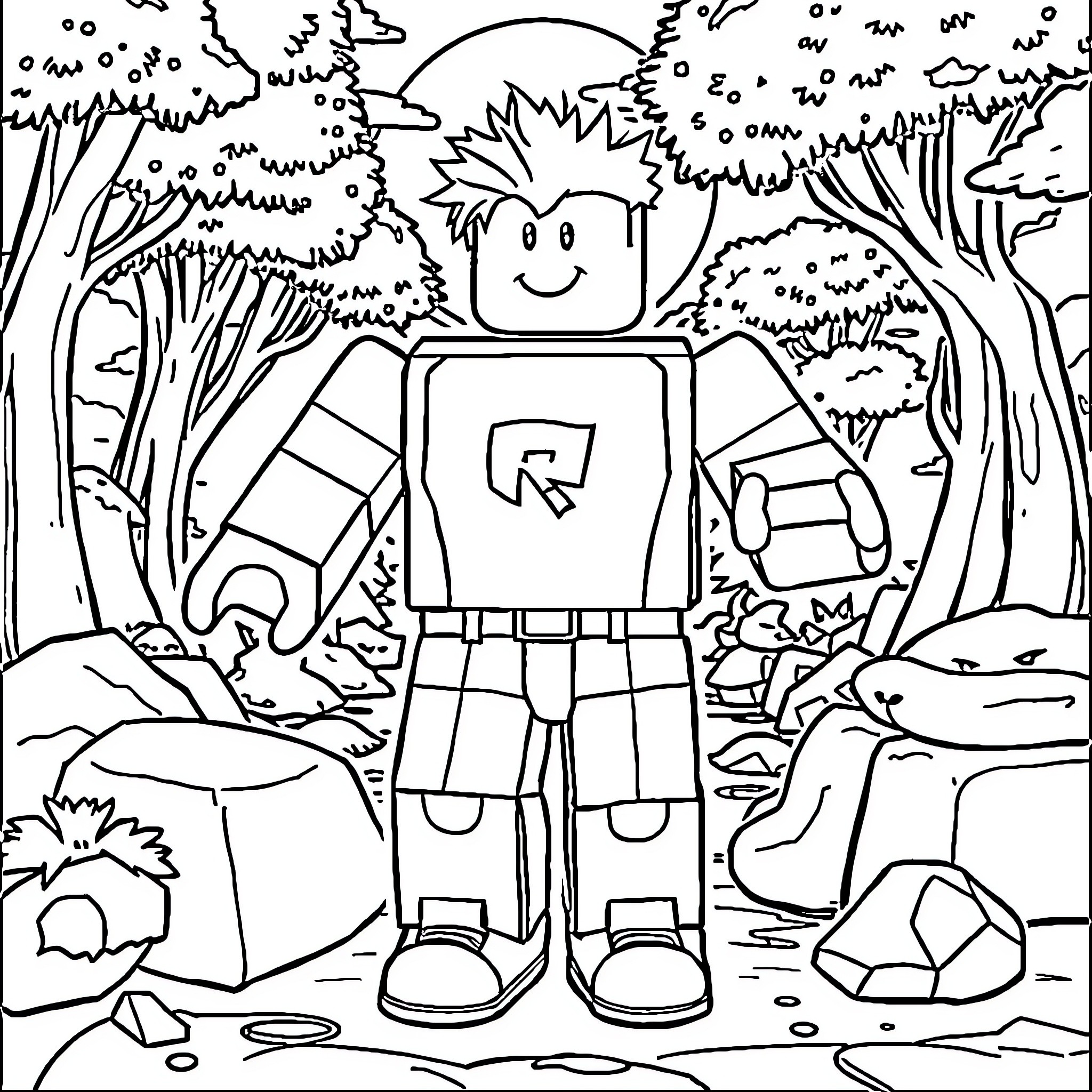 Roblox character exploring the forest landscape Coloring Page (free black-and-white line drawing printable PDF for all, from beginners to advanced learners, including children, teens, adults, and seniors)
