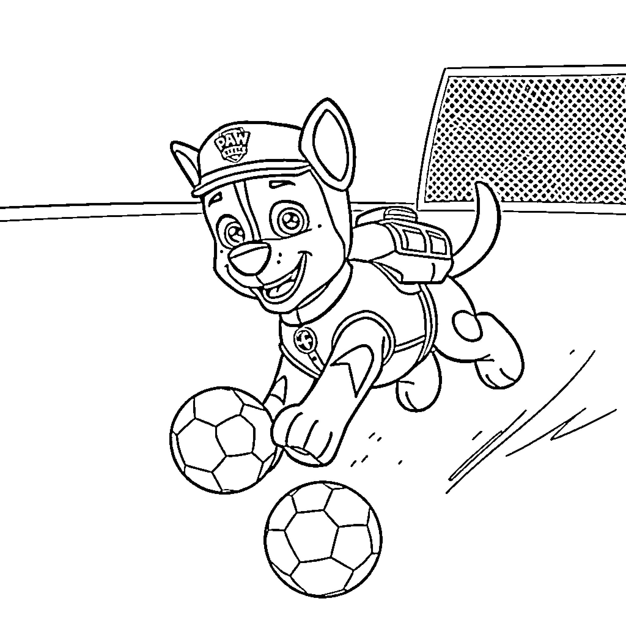 Marshall the paw patrol pup playing soccer Coloring Page (free black-and-white line drawing printable PDF for all, from beginners to advanced learners, including children, teens, adults, and seniors)