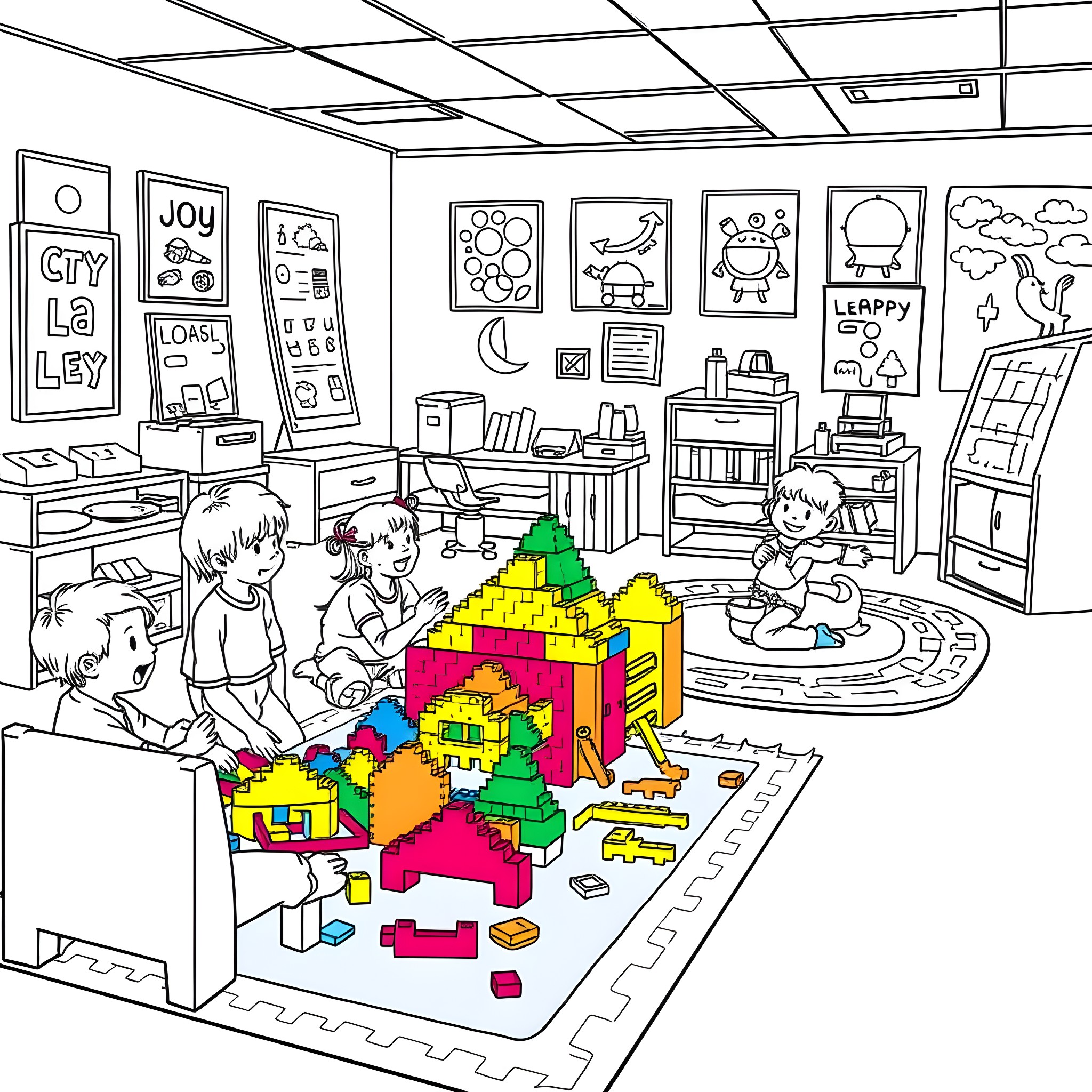 Magtiles: Children playing with building blocks in classroom Coloring Page (free black-and-white line drawing printable PDF for all, from beginners to advanced learners, including children, teens, adults, and seniors)