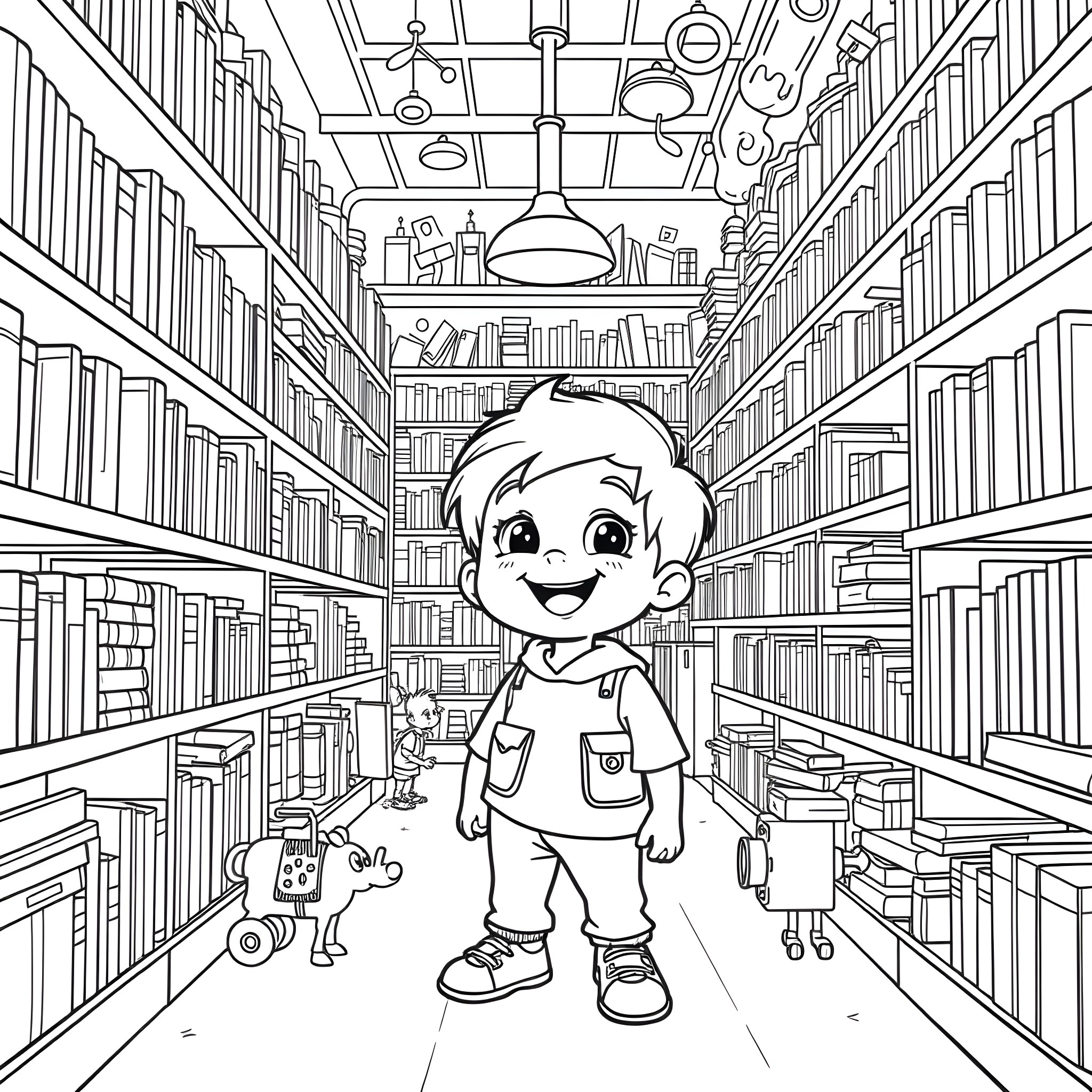 Learning the Joy of Exploration in the Library Coloring Page (free black-and-white line drawing printable PDF for all, from beginners to advanced learners, including children, teens, adults, and seniors)