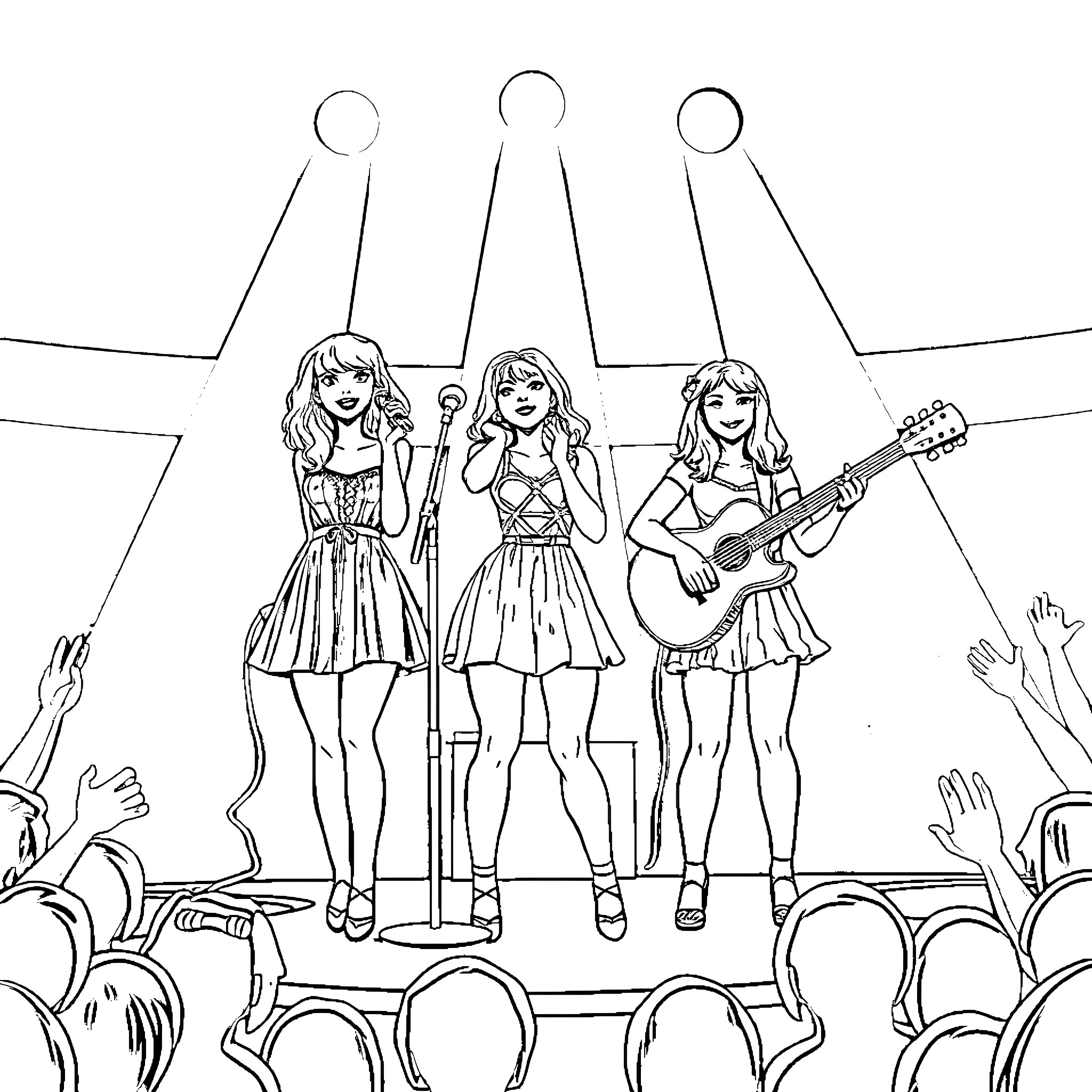 Taylor Swift Performing on Stage with Her Band Coloring Page (free black-and-white line drawing printable PDF for all, from beginners to advanced learners, including children, teens, adults, and seniors)