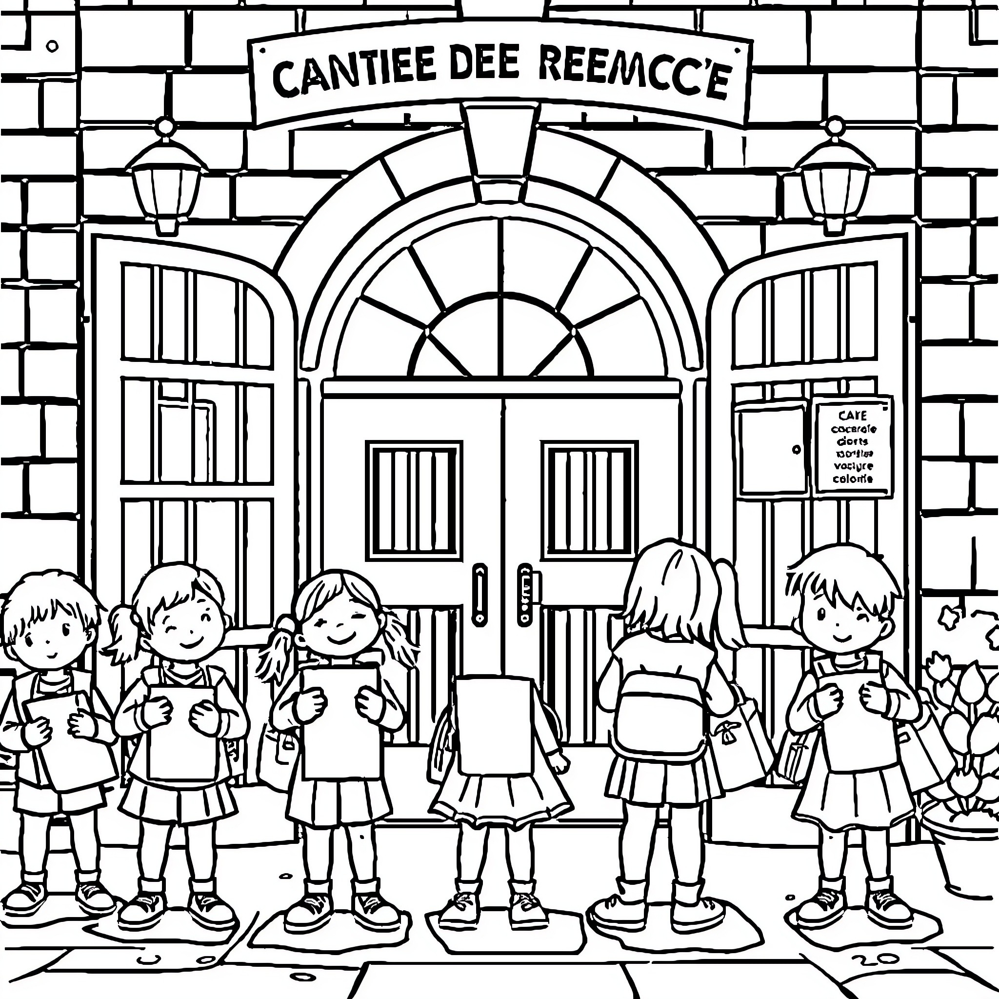 Child students standing outside school building Coloring Page (free black-and-white line drawing printable PDF for all, from beginners to advanced learners, including children, teens, adults, and seniors)