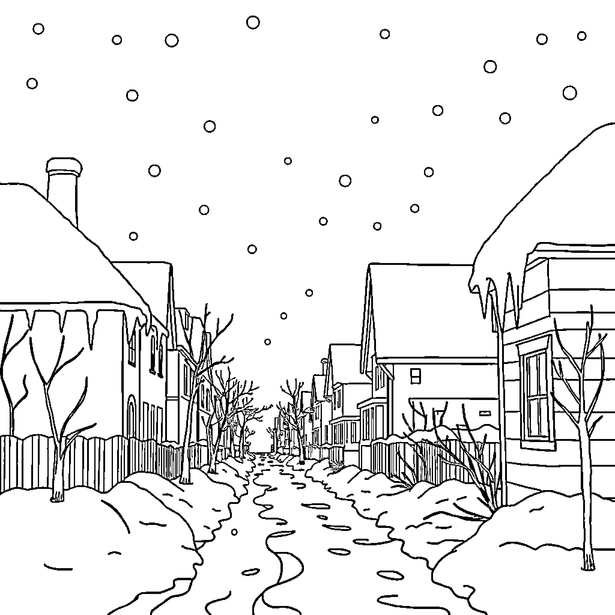 Winter Landscape with Snowy Street and Buildings Coloring Page (free black-and-white line drawing printable PDF for all, from beginners to advanced learners, including children, teens, adults, and seniors)