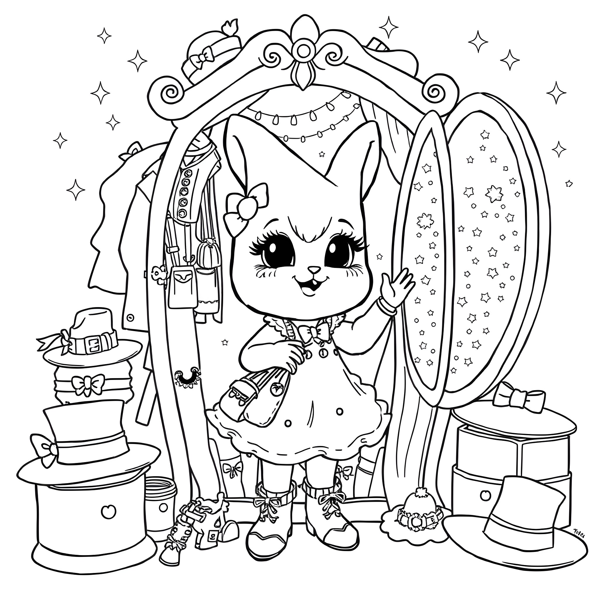 Labubu's Enchanted Vanity Playtime Coloring Page (free black-and-white line drawing printable PDF for all, from beginners to advanced learners, including children, teens, adults, and seniors)