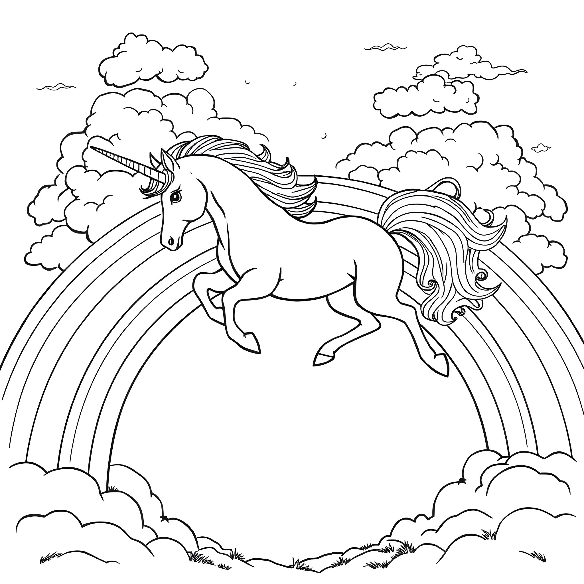 Unicorn galloping through a magical landscape Coloring Page (free black-and-white line drawing printable PDF for all, from beginners to advanced learners, including children, teens, adults, and seniors)