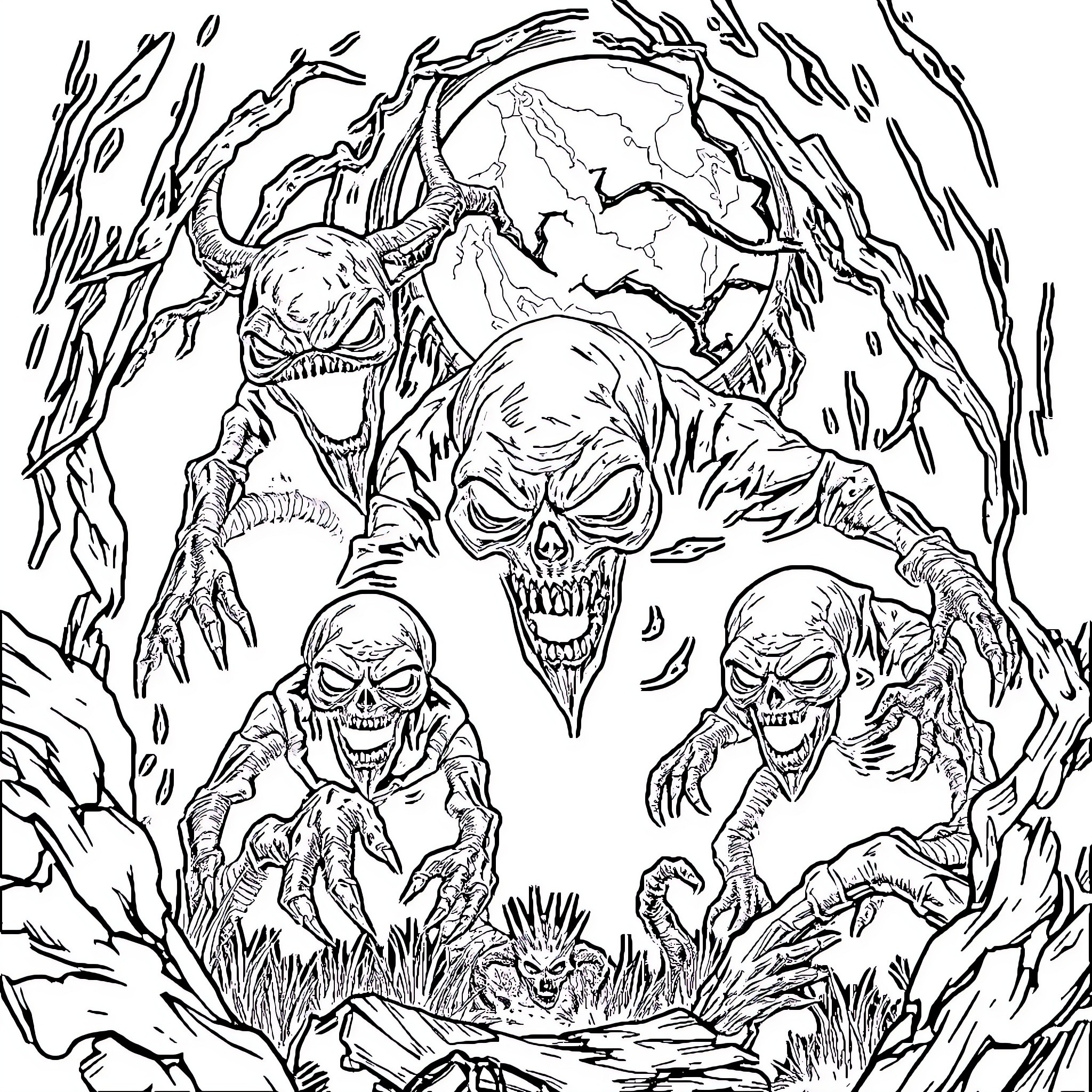 Horror Creature Attacking Fearsome Skeletal Monsters Coloring Page (free black-and-white line drawing printable PDF for all, from beginners to advanced learners, including children, teens, adults, and seniors)