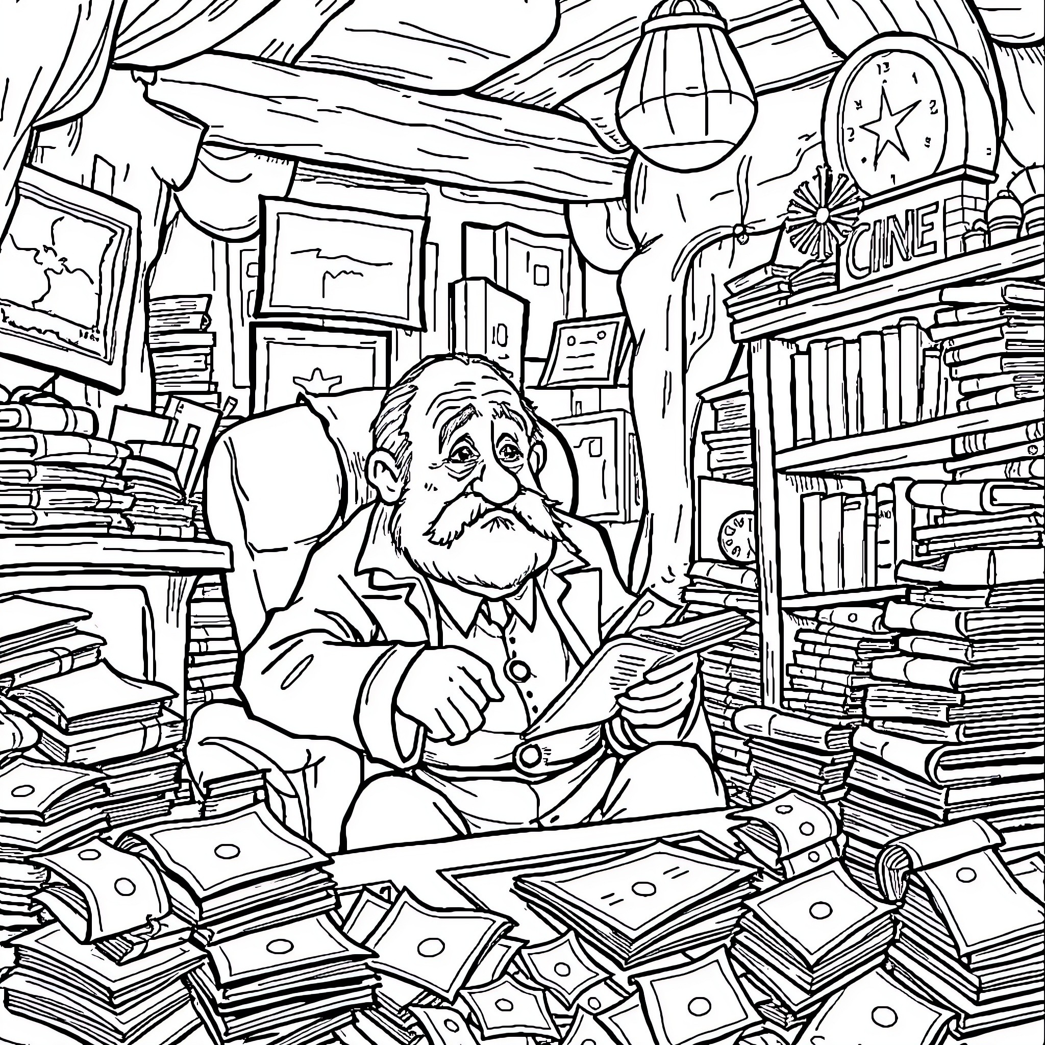 Ebenezer Scrooge surrounded by books in his study Coloring Page (free black-and-white line drawing printable PDF for all, from beginners to advanced learners, including children, teens, adults, and seniors)