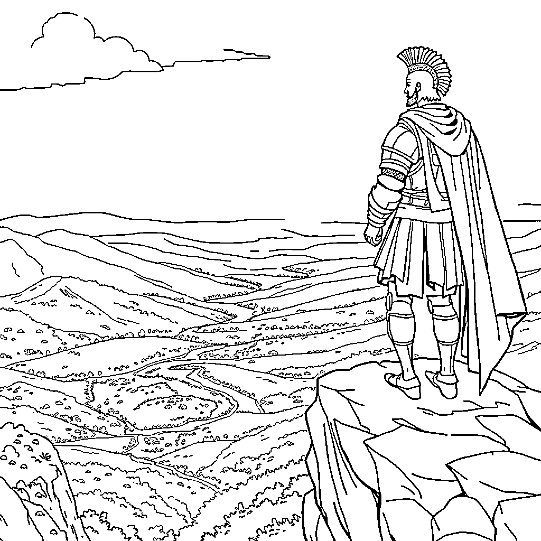 Crusader surveying the rugged landscape Coloring Page (free black-and-white line drawing printable PDF for all, from beginners to advanced learners, including children, teens, adults, and seniors)