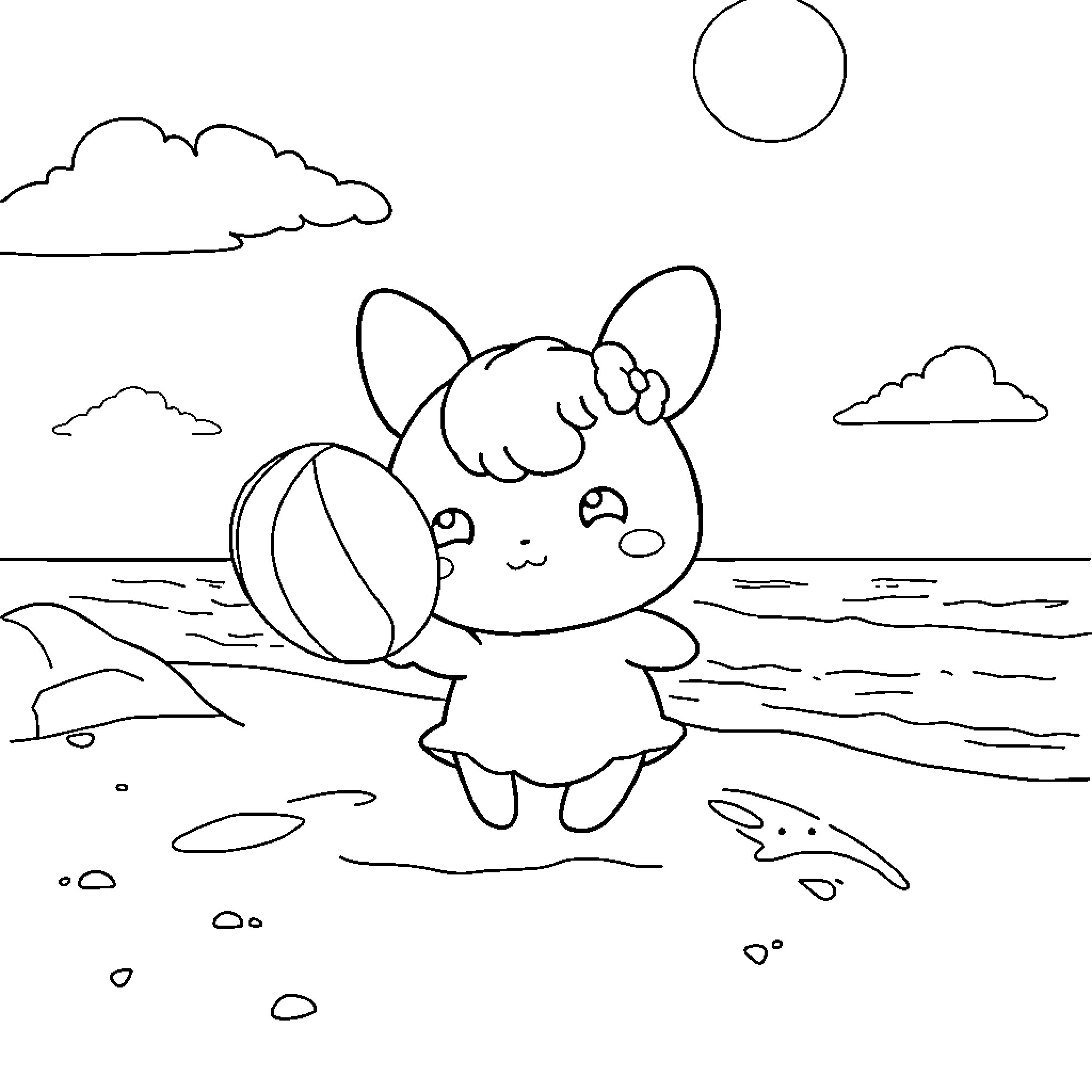 Cinnamoroll playing with a beach ball by the sea Coloring Page (free black-and-white line drawing printable PDF for all, from beginners to advanced learners, including children, teens, adults, and seniors)