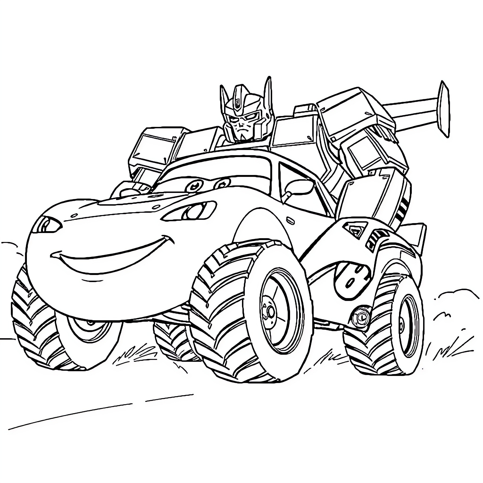 Transformer Monster Truck Crushing Obstacles Coloring Page (free black-and-white line drawing printable PDF for all, from beginners to advanced learners, including children, teens, adults, and seniors)