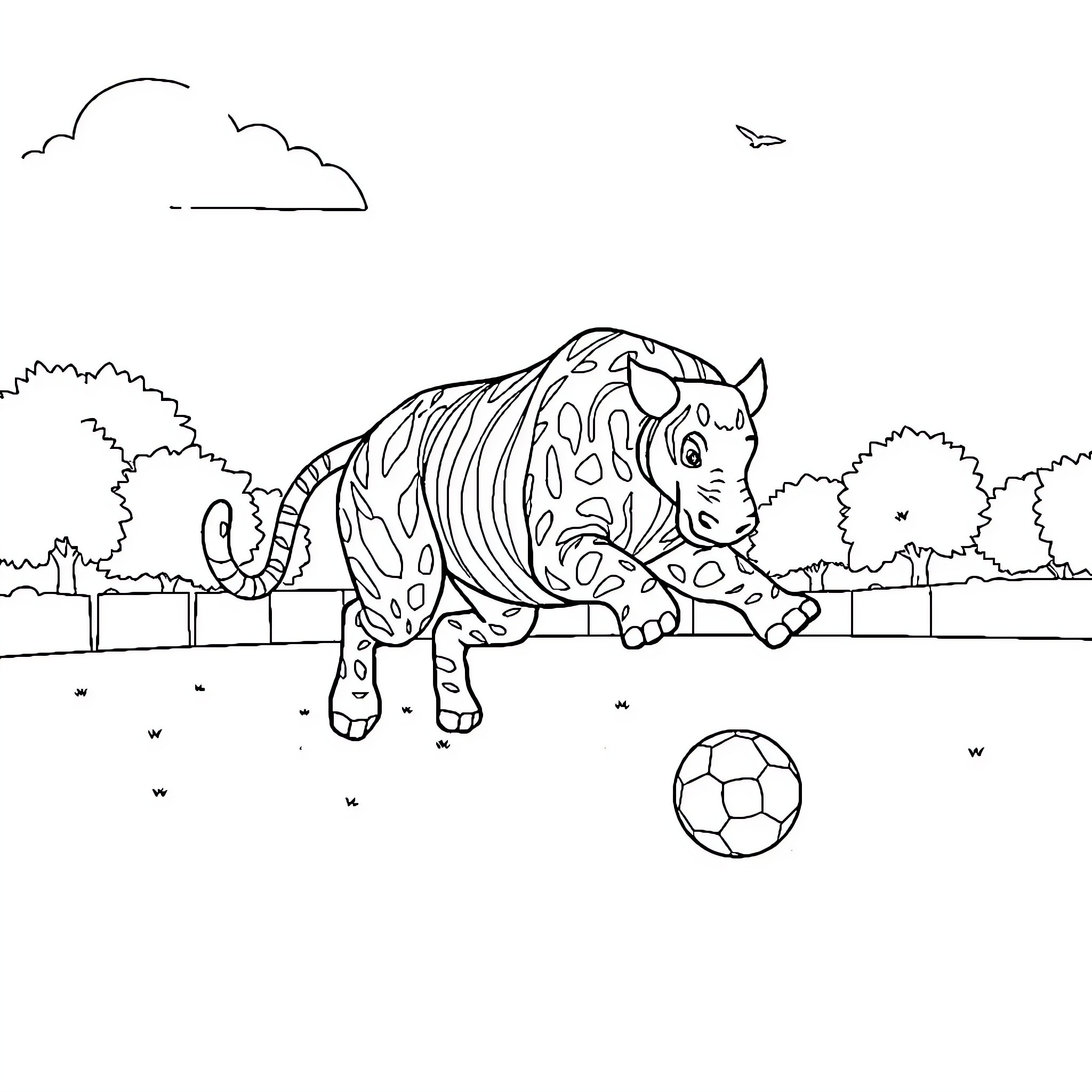 Elephant playing with soccer ball in park Coloring Page (free black-and-white line drawing printable PDF for all, from beginners to advanced learners, including children, teens, adults, and seniors)
