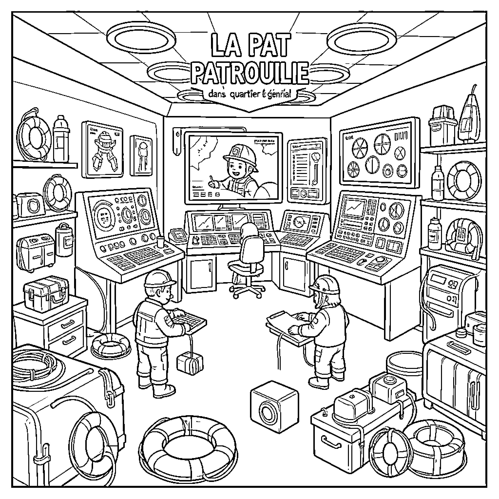 Paw Patrol characters operating equipment in a command center Coloring Page (free black-and-white line drawing printable PDF for all, from beginners to advanced learners, including children, teens, adults, and seniors)