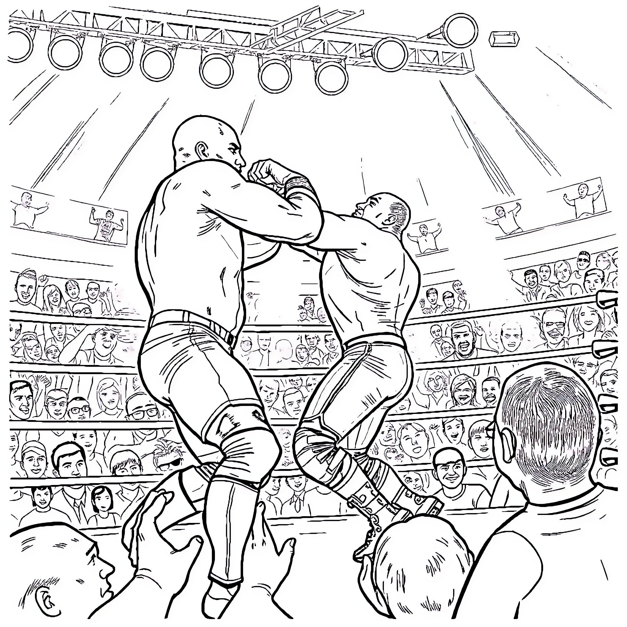 Steve Austin battling in an intense wrestling match Coloring Page (free black-and-white line drawing printable PDF for all, from beginners to advanced learners, including children, teens, adults, and seniors)