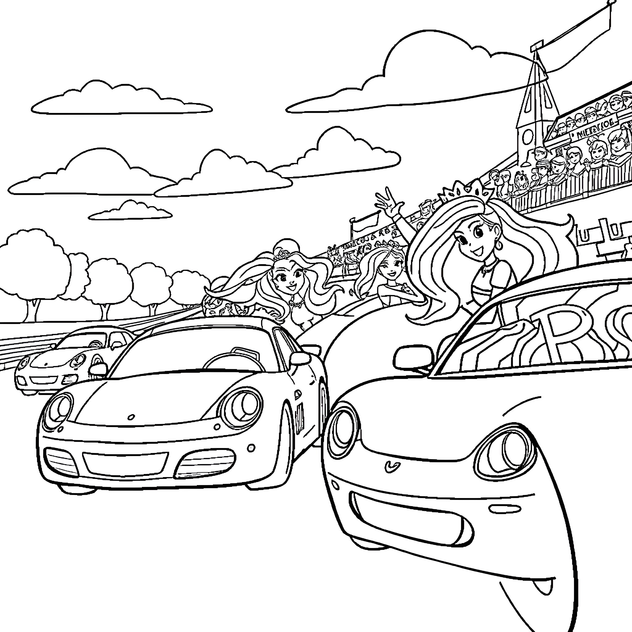 Car Ride with Animated Passengers in a Colorful Landscape Coloring Page (free black-and-white line drawing printable PDF for all, from beginners to advanced learners, including children, teens, adults, and seniors)