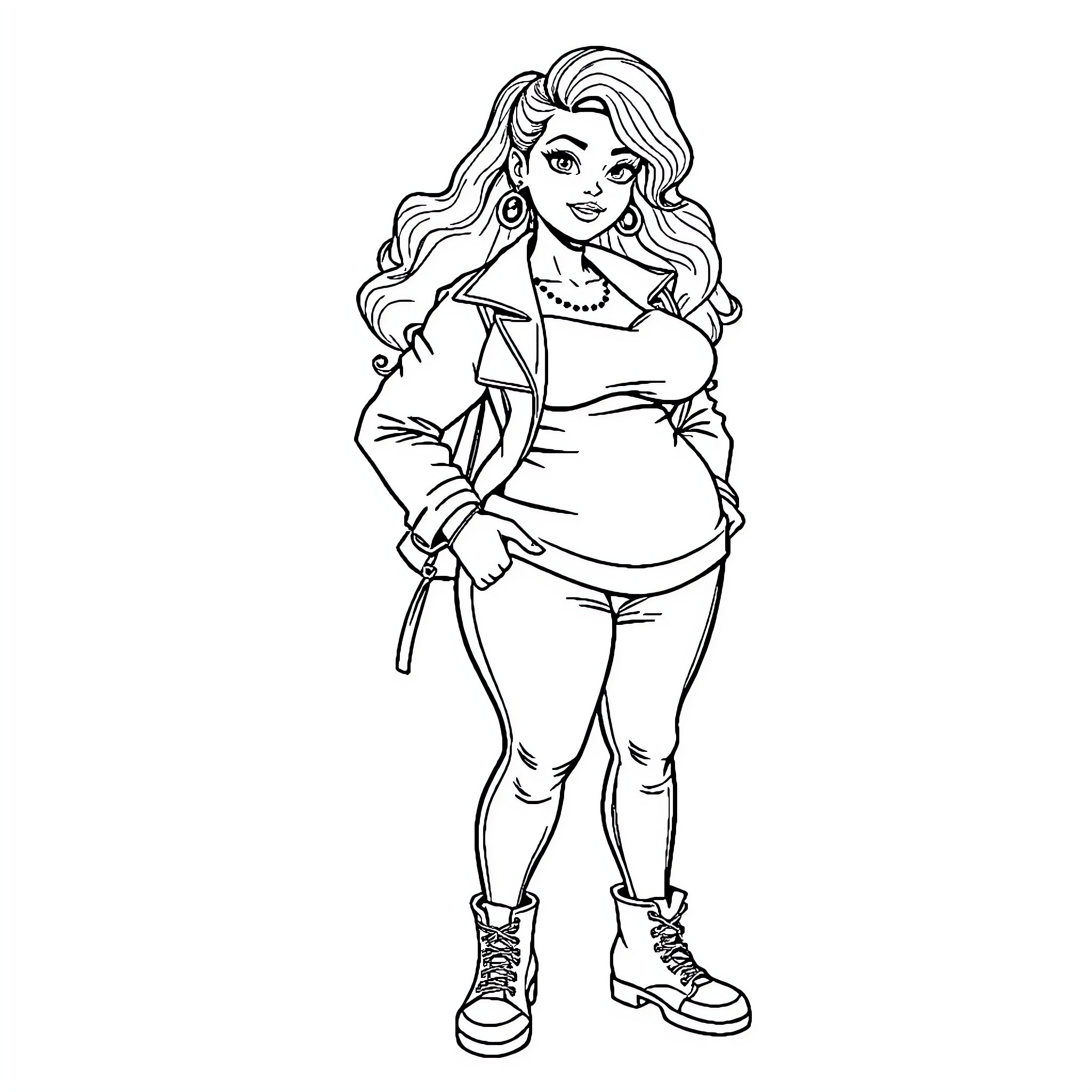 Girl with curly hair posing confidently in casual outfit Coloring Page (free black-and-white line drawing printable PDF for all, from beginners to advanced learners, including children, teens, adults, and seniors)