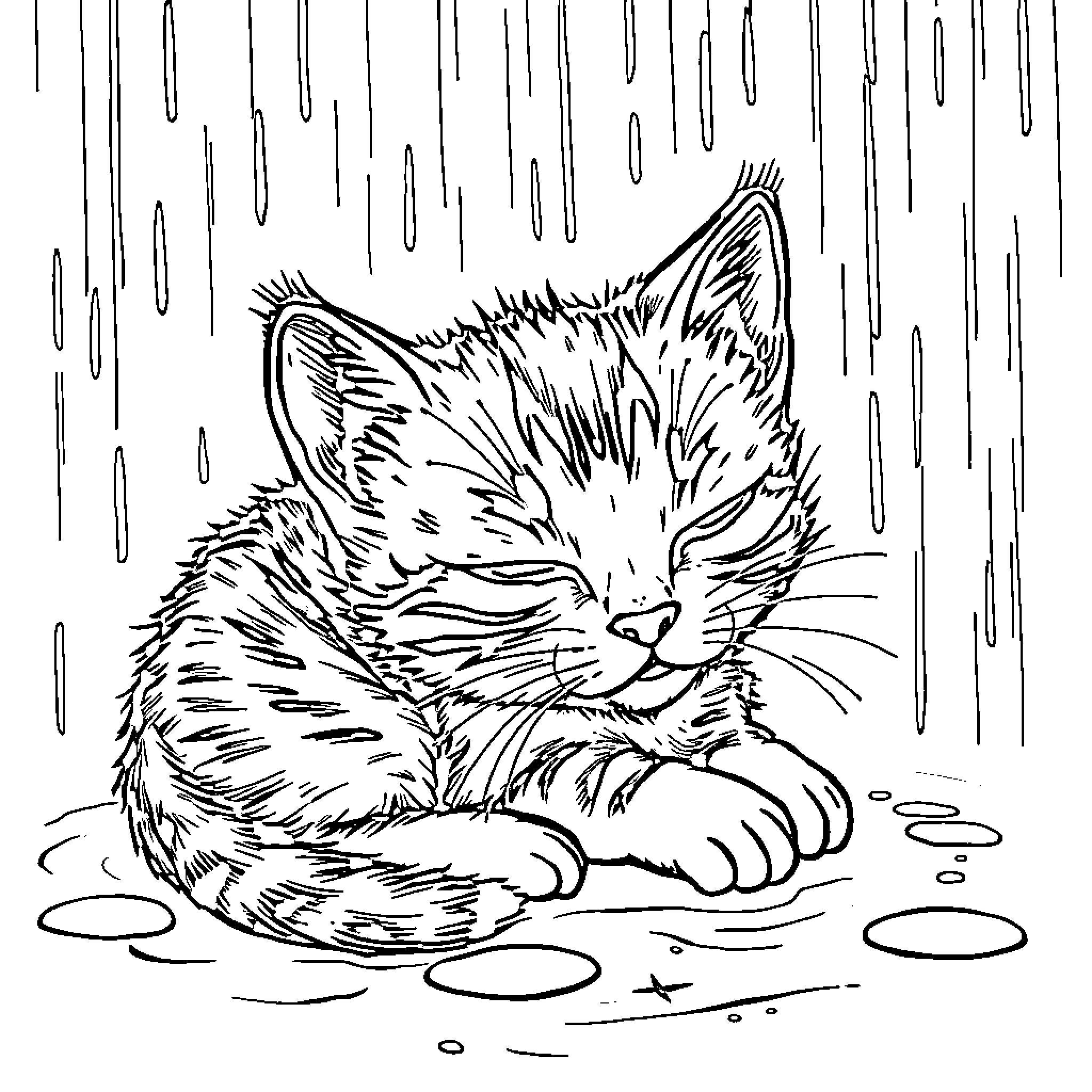 Kitten napping peacefully in the rain Coloring Page (free black-and-white line drawing printable PDF for all, from beginners to advanced learners, including children, teens, adults, and seniors)