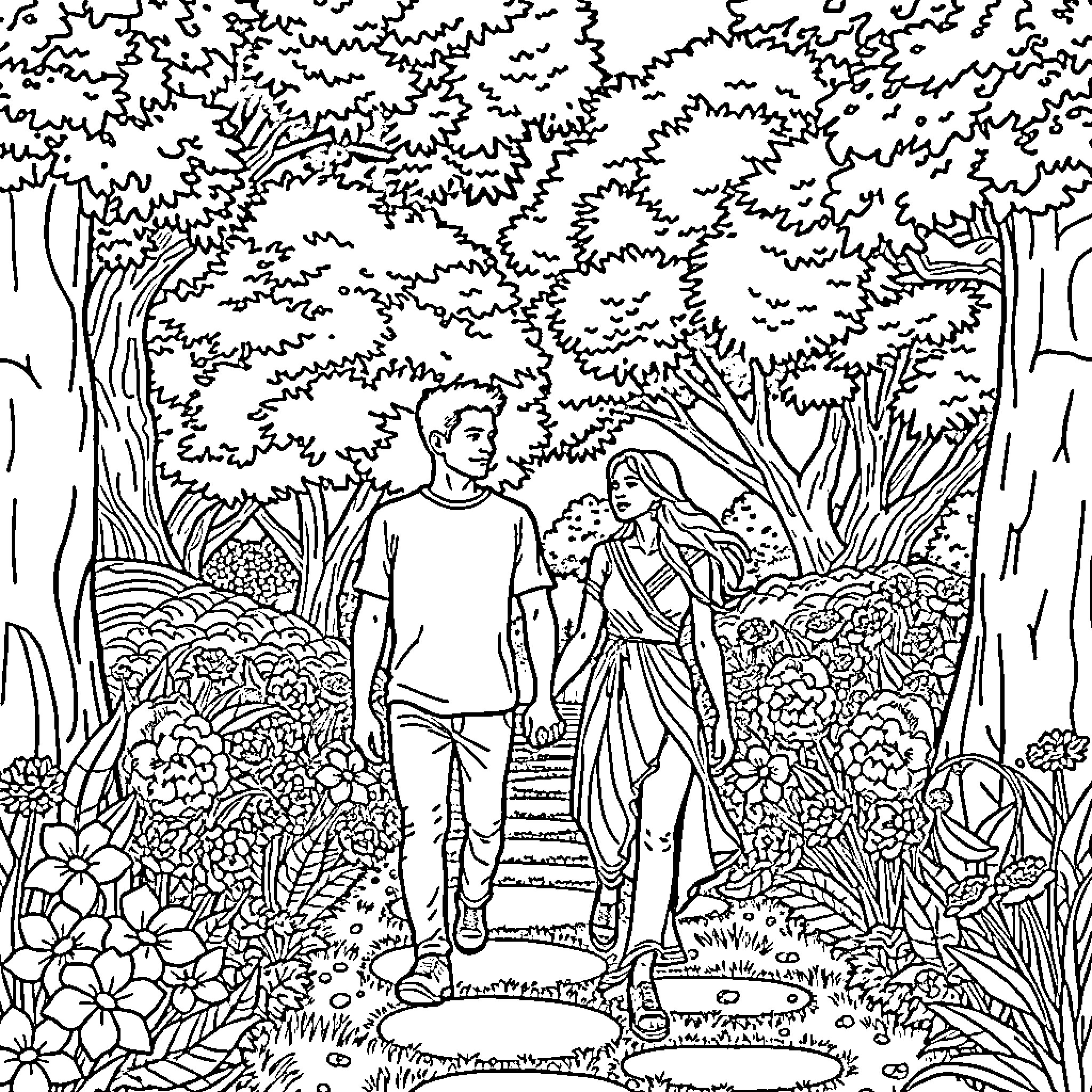 Adam and Eve Exploring the Garden of Eden Coloring Page (free black-and-white line drawing printable PDF for all, from beginners to advanced learners, including children, teens, adults, and seniors)
