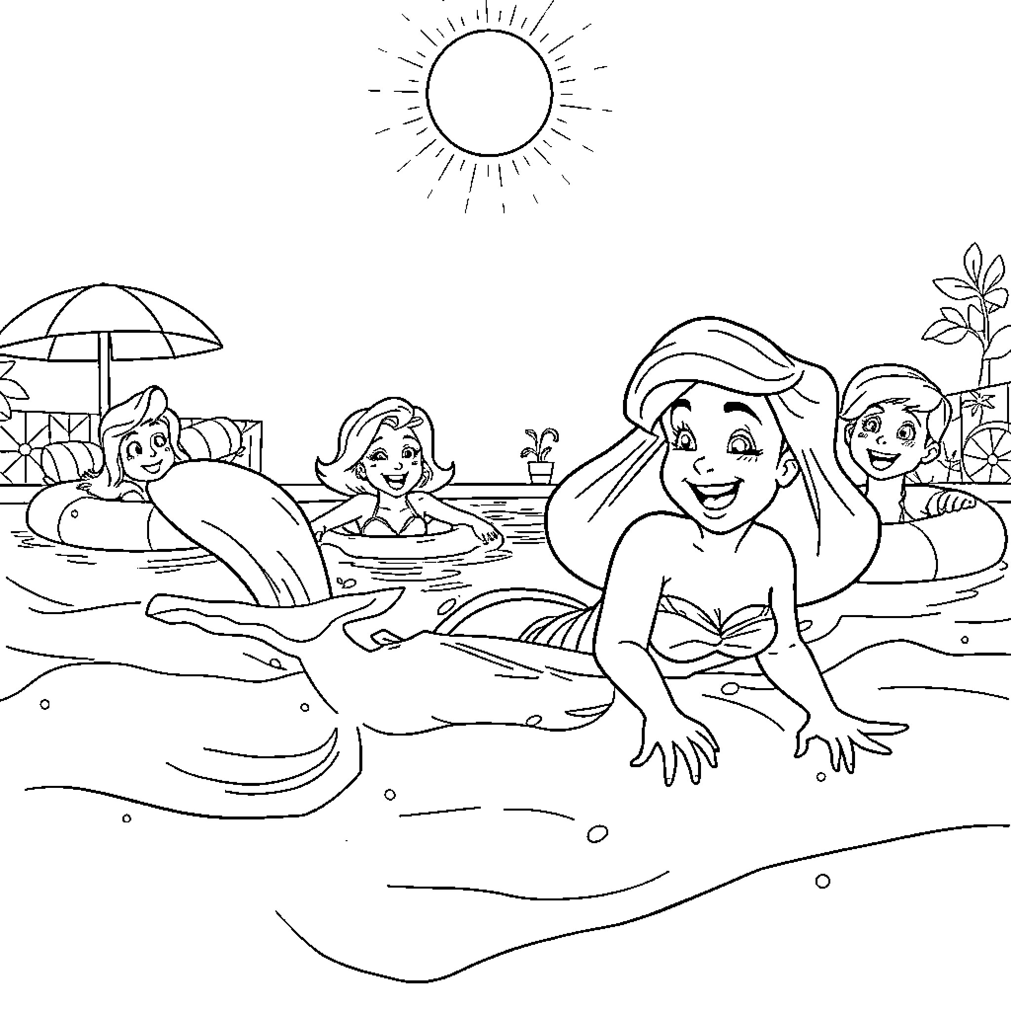 Ariel and friends enjoying a day at the beach Coloring Page (free black-and-white line drawing printable PDF for all, from beginners to advanced learners, including children, teens, adults, and seniors)