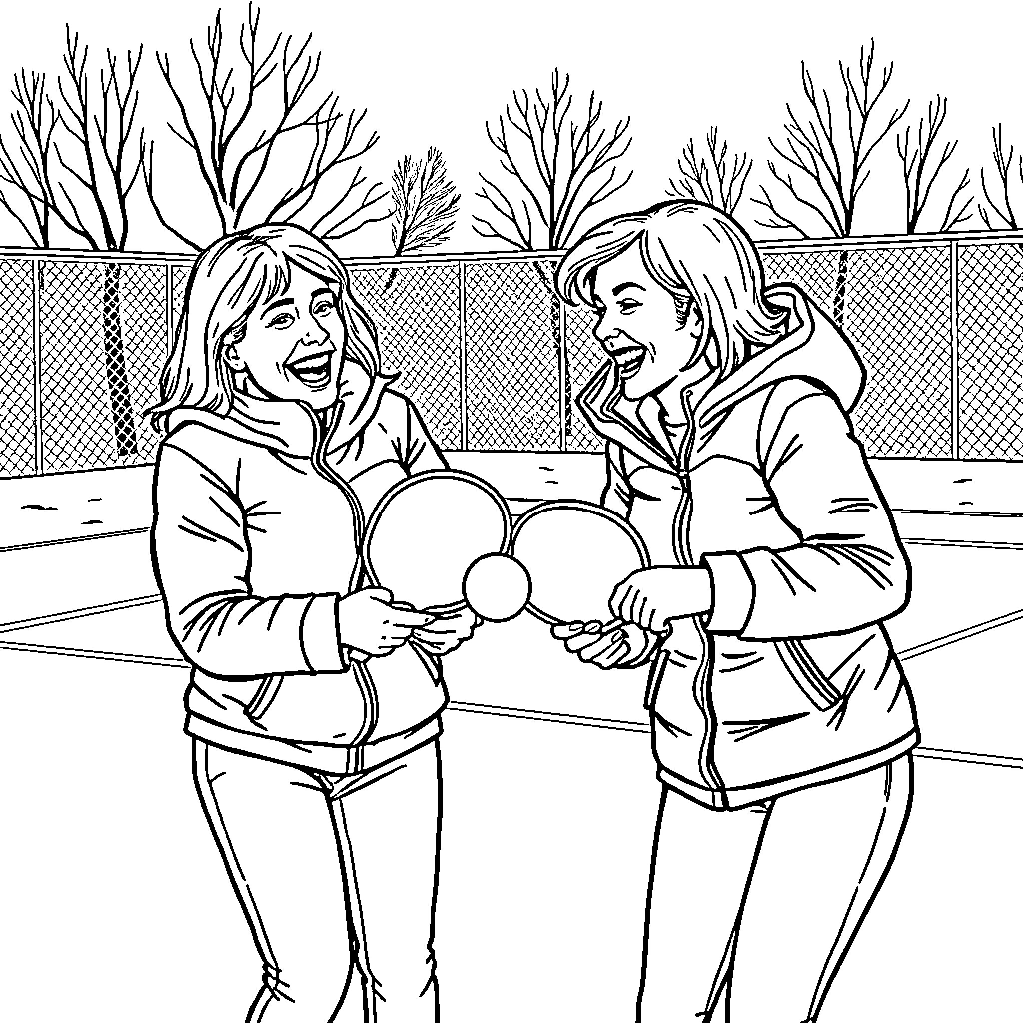 Pickleball players enjoying the game outdoors Coloring Page (free black-and-white line drawing printable PDF for all, from beginners to advanced learners, including children, teens, adults, and seniors)