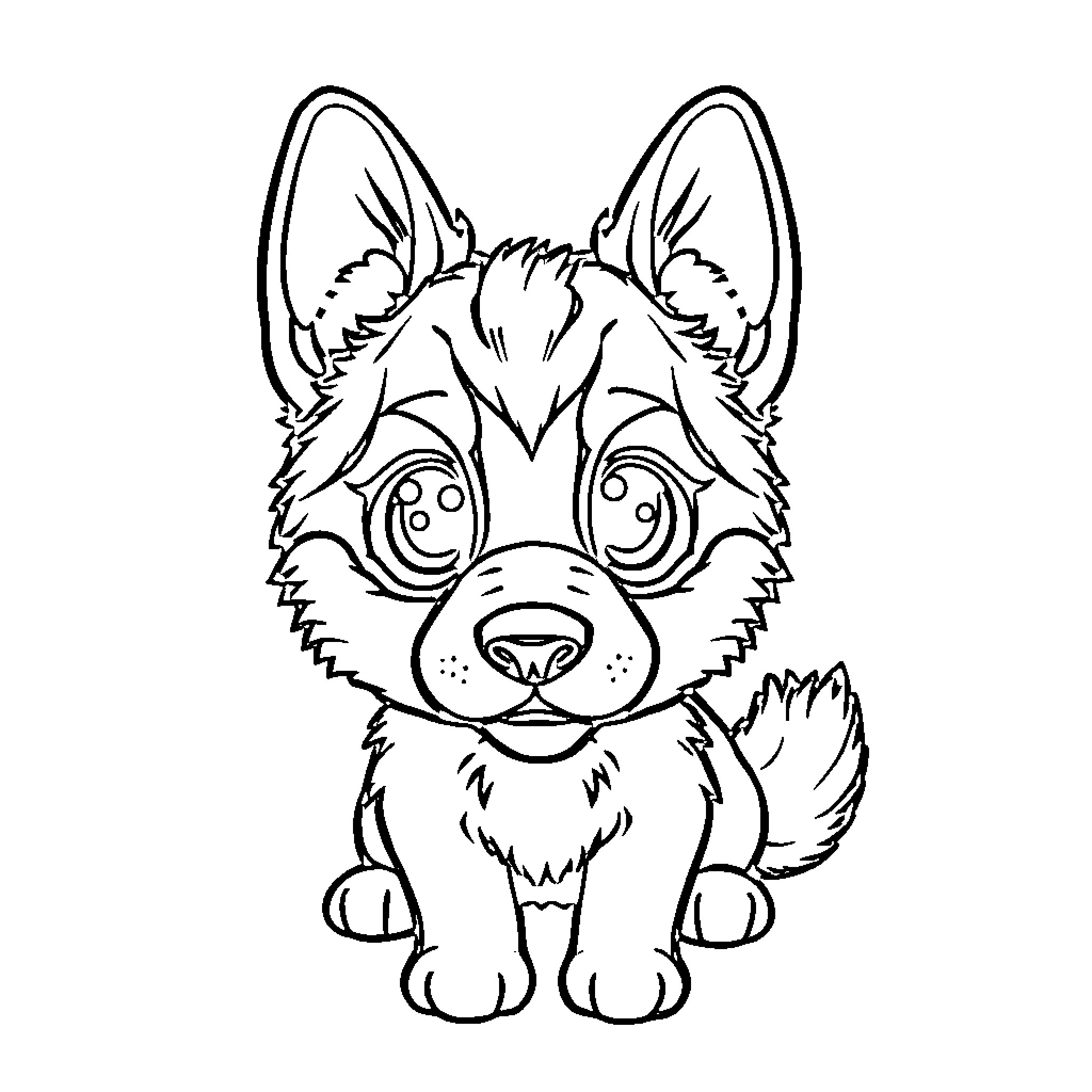 German Shepherd Puppy Sitting Happily Coloring Page (free black-and-white line drawing printable PDF for all, from beginners to advanced learners, including children, teens, adults, and seniors)