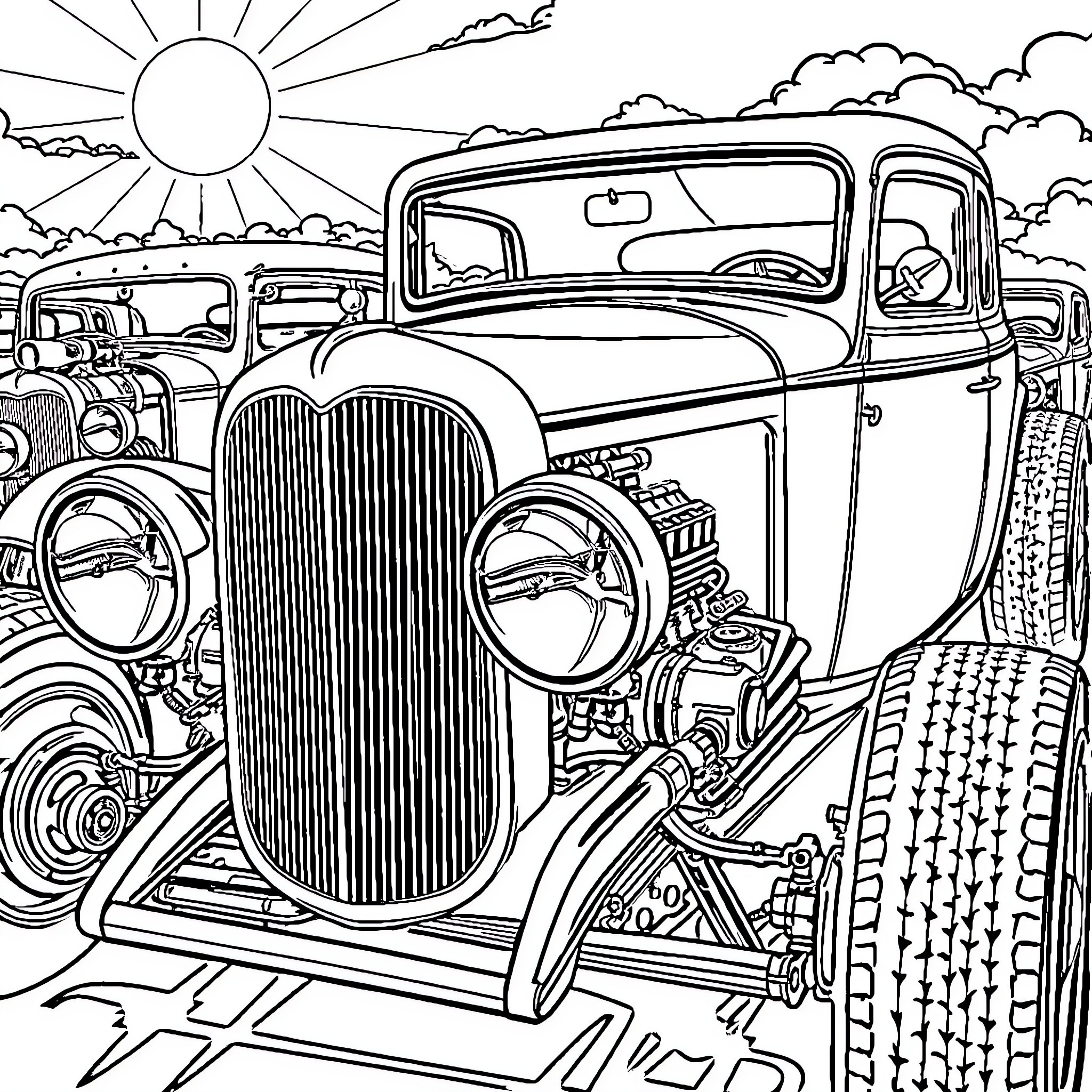 Hotrod vintage classic car on sunny road Coloring Page (free black-and-white line drawing printable PDF for all, from beginners to advanced learners, including children, teens, adults, and seniors)