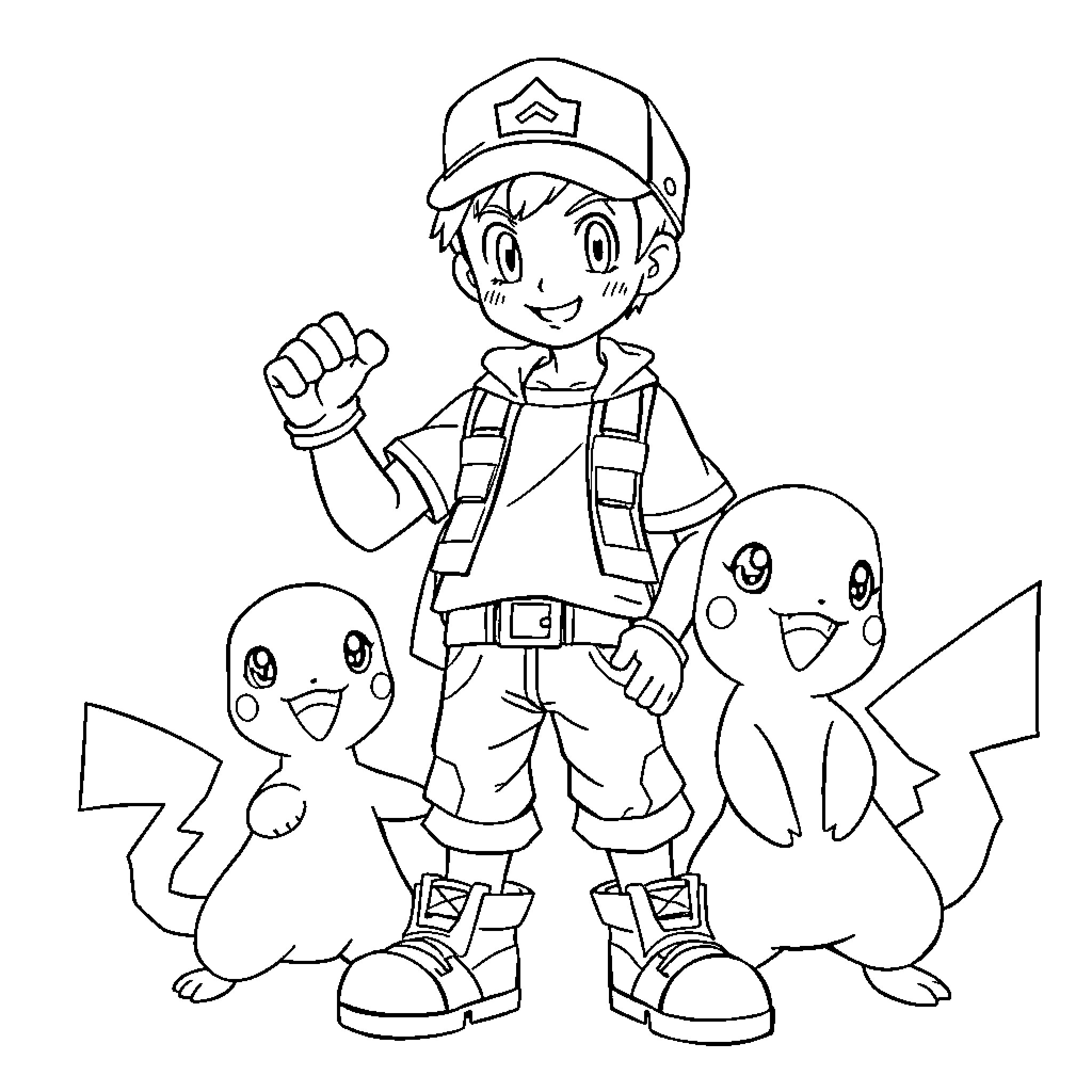 Pokemon Trainer with Cheerful Pikachu Companions Coloring Page (free black-and-white line drawing printable PDF for all, from beginners to advanced learners, including children, teens, adults, and seniors)
