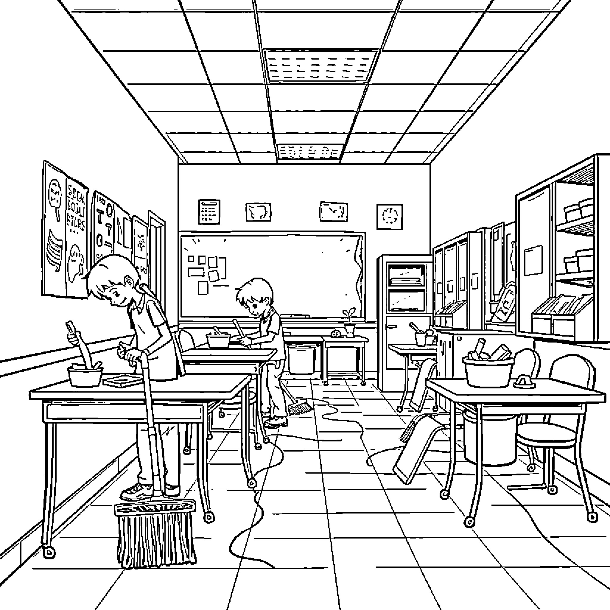 School Classroom Scene with Students Learning Coloring Page (free black-and-white line drawing printable PDF for all, from beginners to advanced learners, including children, teens, adults, and seniors)