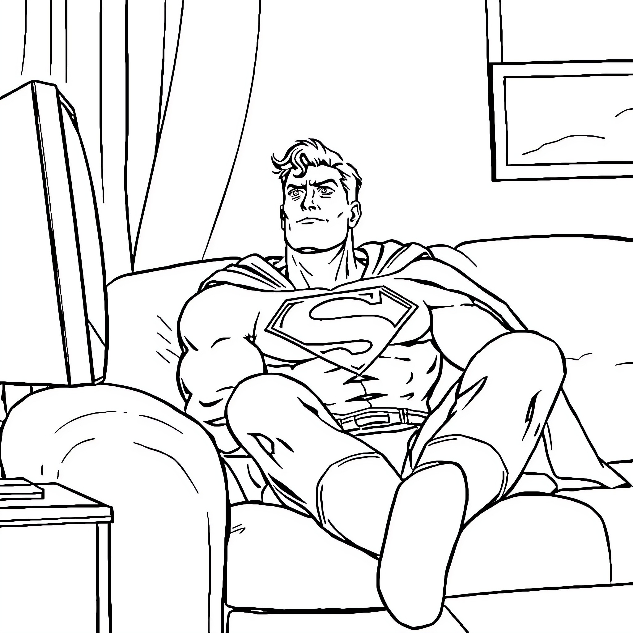 Superman resting after a heroic day Coloring Page (free black-and-white line drawing printable PDF for all, from beginners to advanced learners, including children, teens, adults, and seniors)