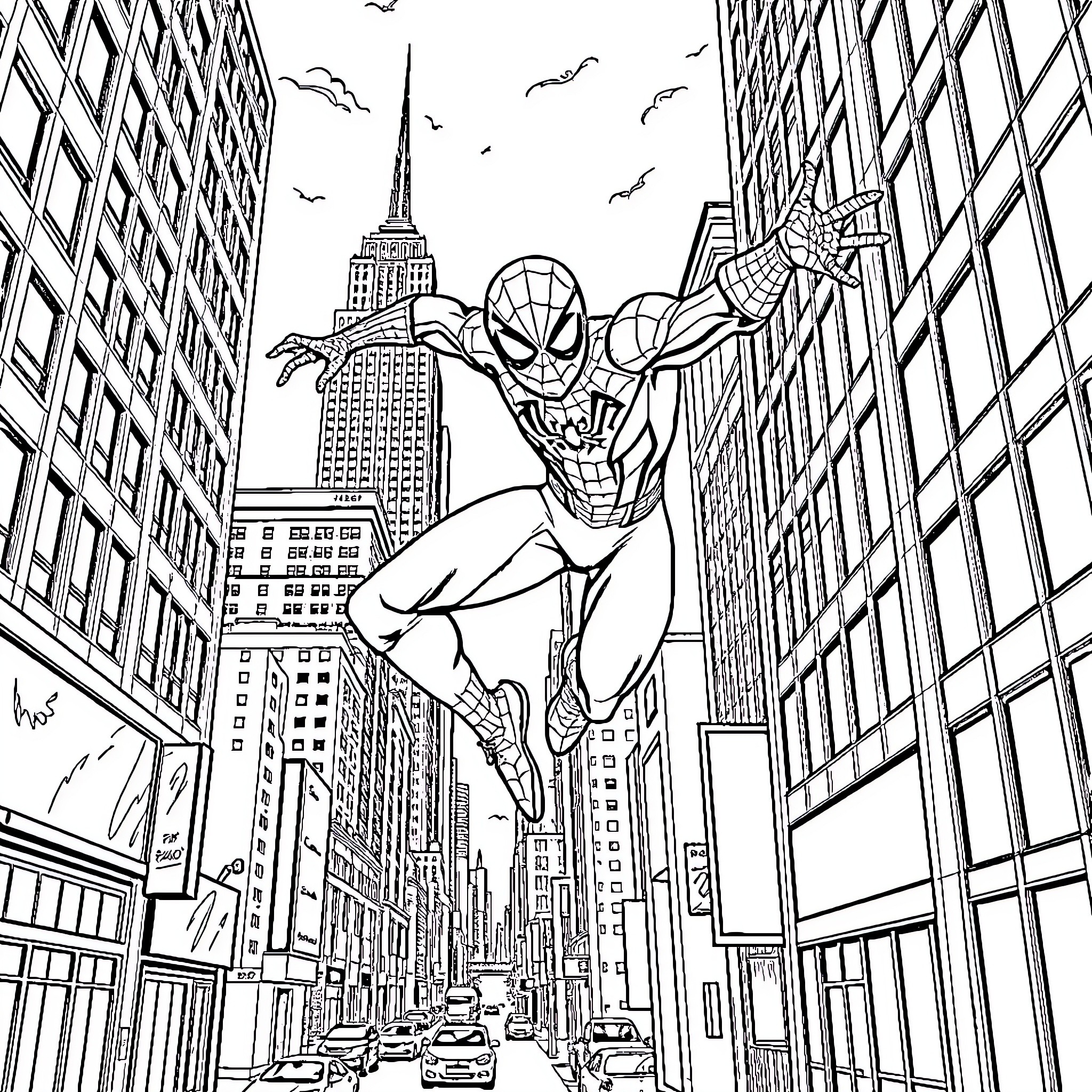 Spider-Man swinging through the city skyline Coloring Page (free black-and-white line drawing printable PDF for all, from beginners to advanced learners, including children, teens, adults, and seniors)