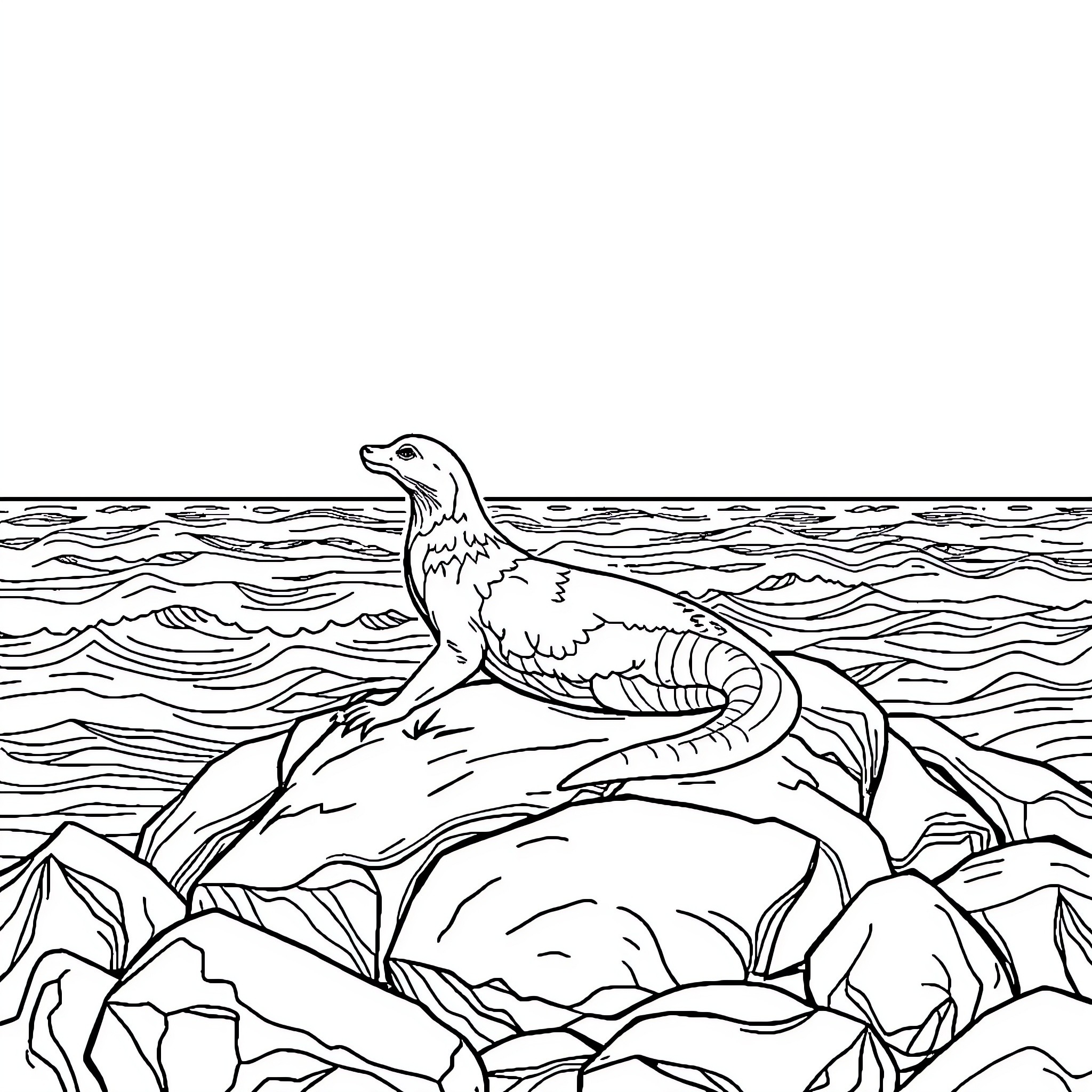 Siren singing on rocks in the ocean Coloring Page (free black-and-white line drawing printable PDF for all, from beginners to advanced learners, including children, teens, adults, and seniors)