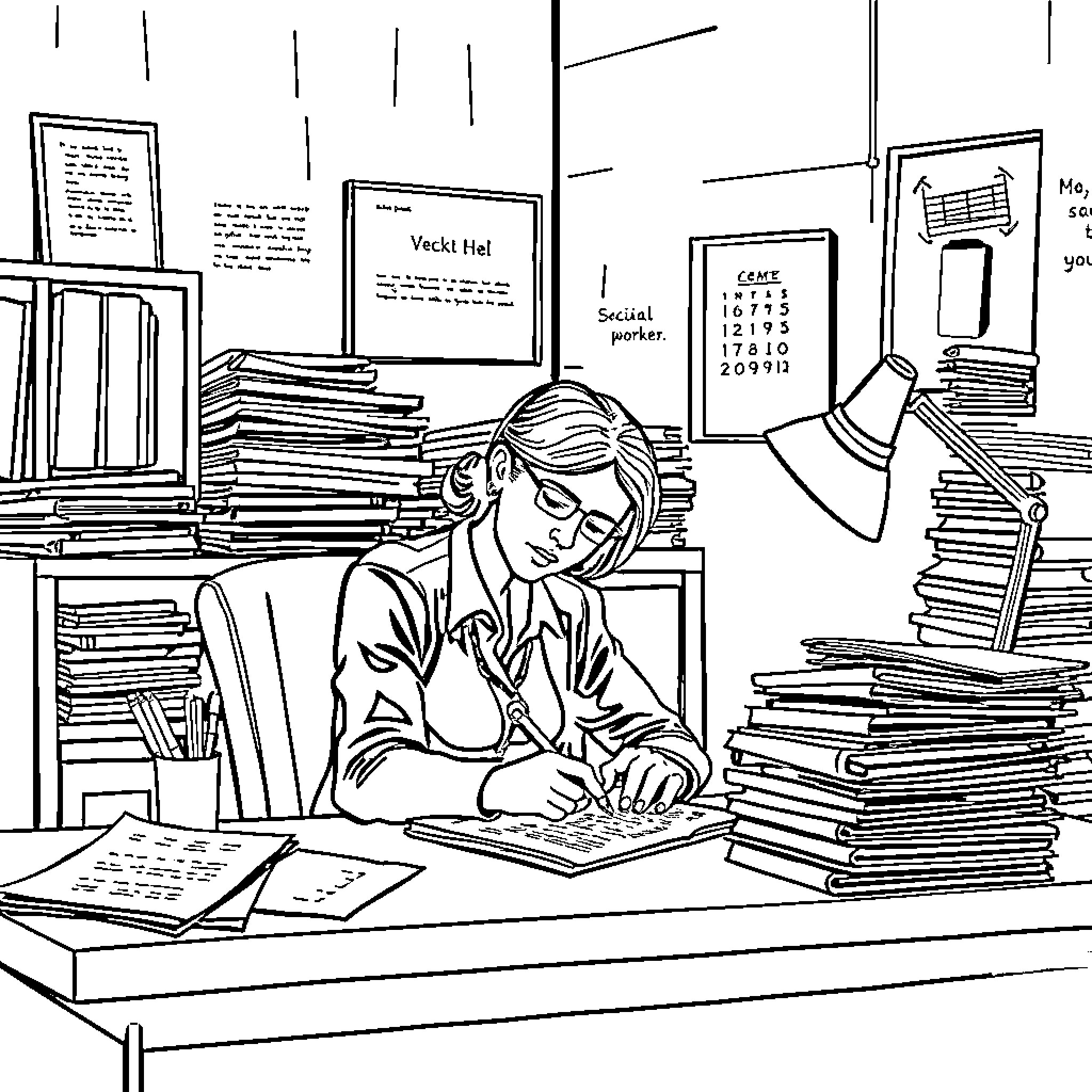 Social Worker Diligently Reviewing Case Files in Office Coloring Page (free black-and-white line drawing printable PDF for all, from beginners to advanced learners, including children, teens, adults, and seniors)