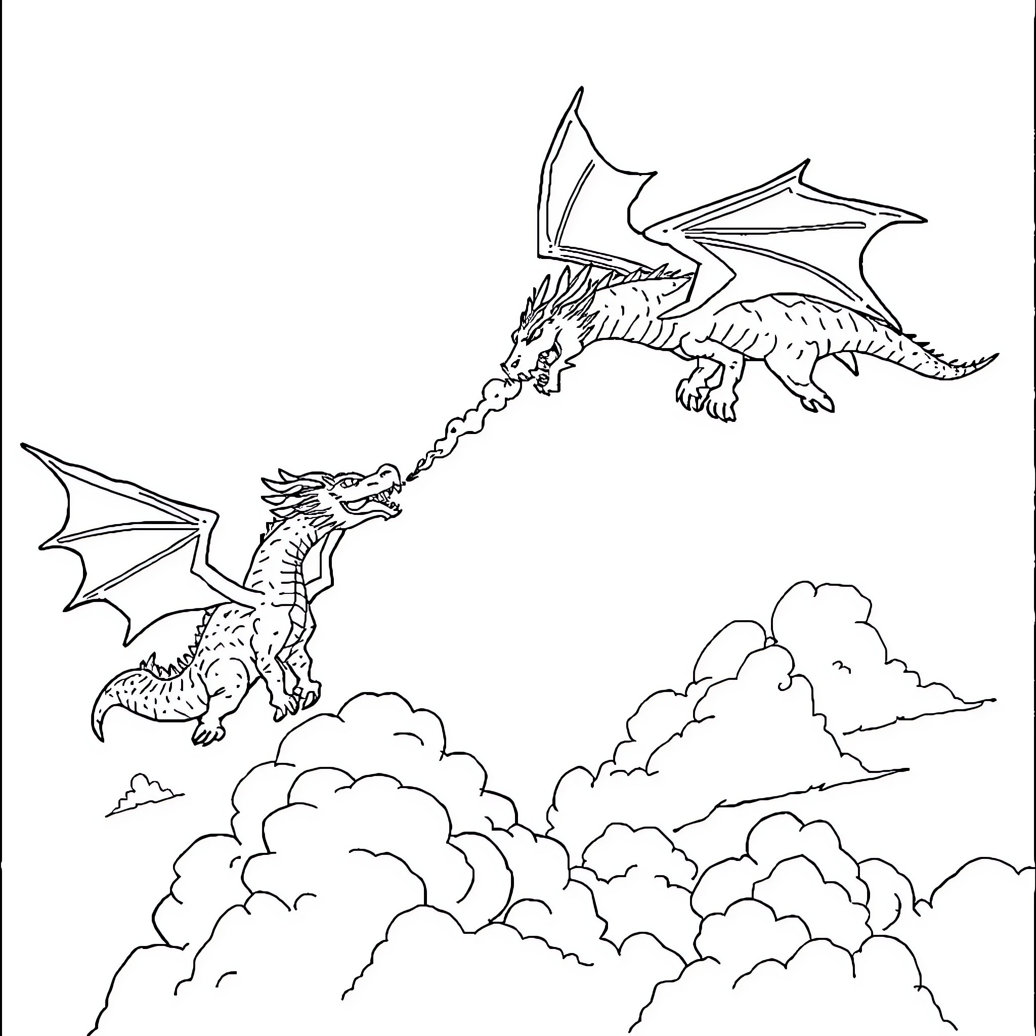 Dragon soaring through the clouds Coloring Page (free black-and-white line drawing printable PDF for all, from beginners to advanced learners, including children, teens, adults, and seniors)