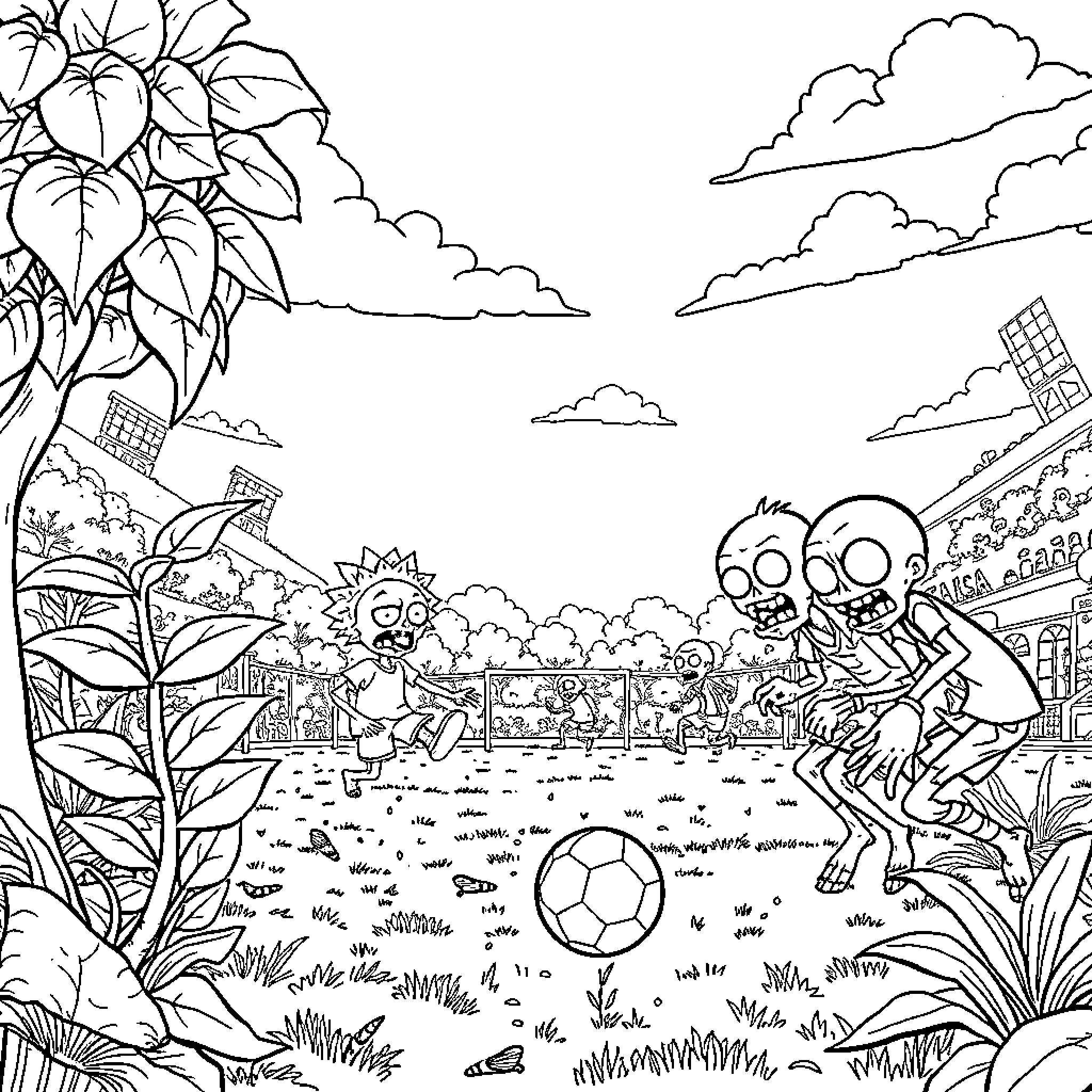 Plants vs. Zombies: Zombie Soccer Match Coloring Page (free black-and-white line drawing printable PDF for all, from beginners to advanced learners, including children, teens, adults, and seniors)