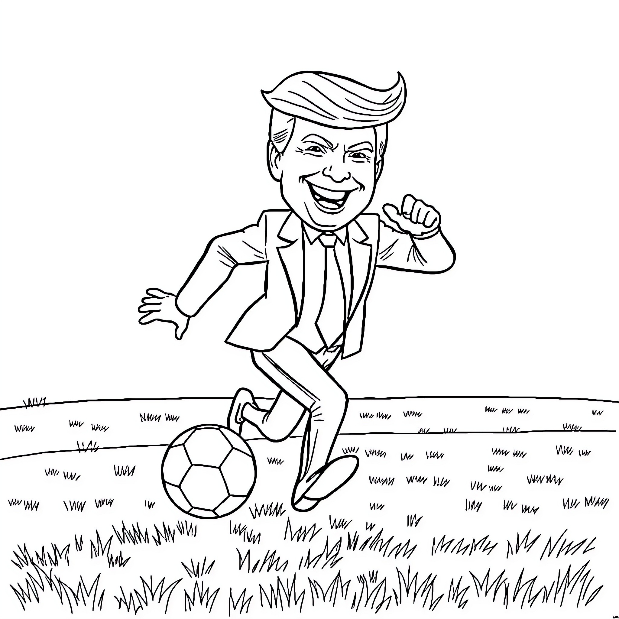 Donald Trump playing with a soccer ball in a field Coloring Page (free black-and-white line drawing printable PDF for all, from beginners to advanced learners, including children, teens, adults, and seniors)